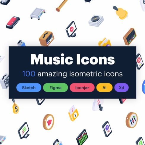 100 isometric icons of music cover image.