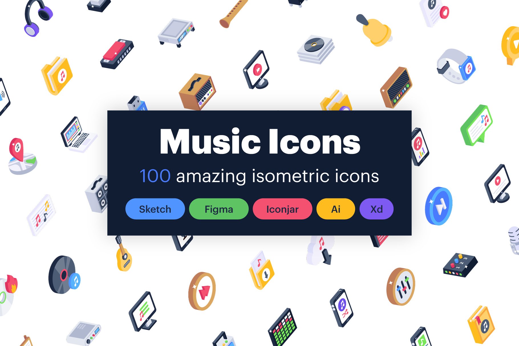 100 isometric icons of music cover image.