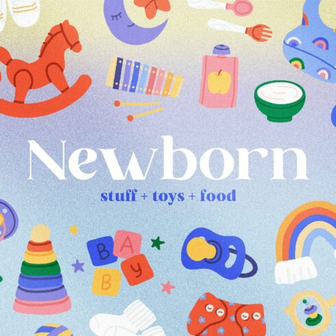 Newborn stuff. Baby toys, food icons cover image.
