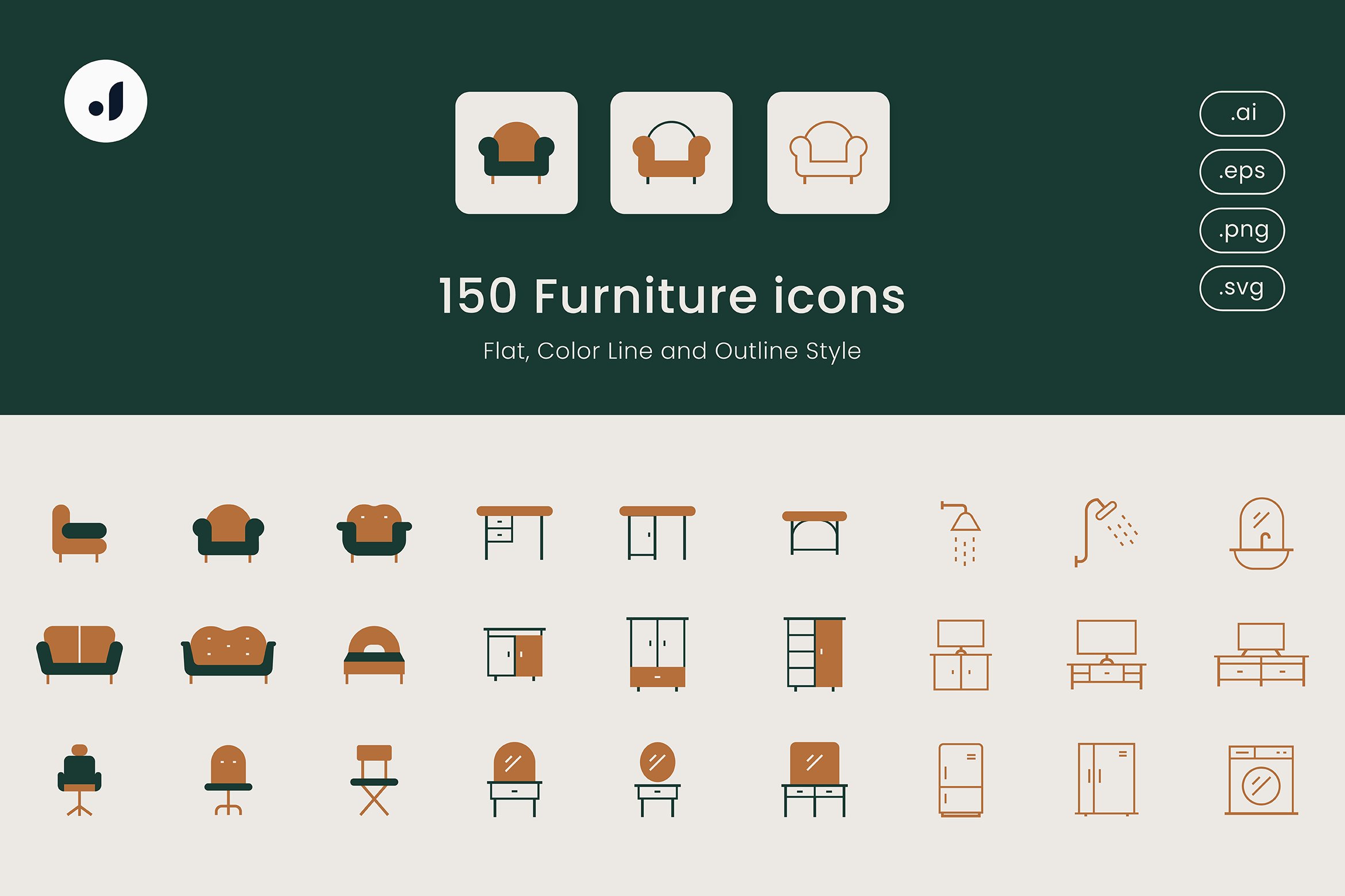 150 Furniture icons set cover image.