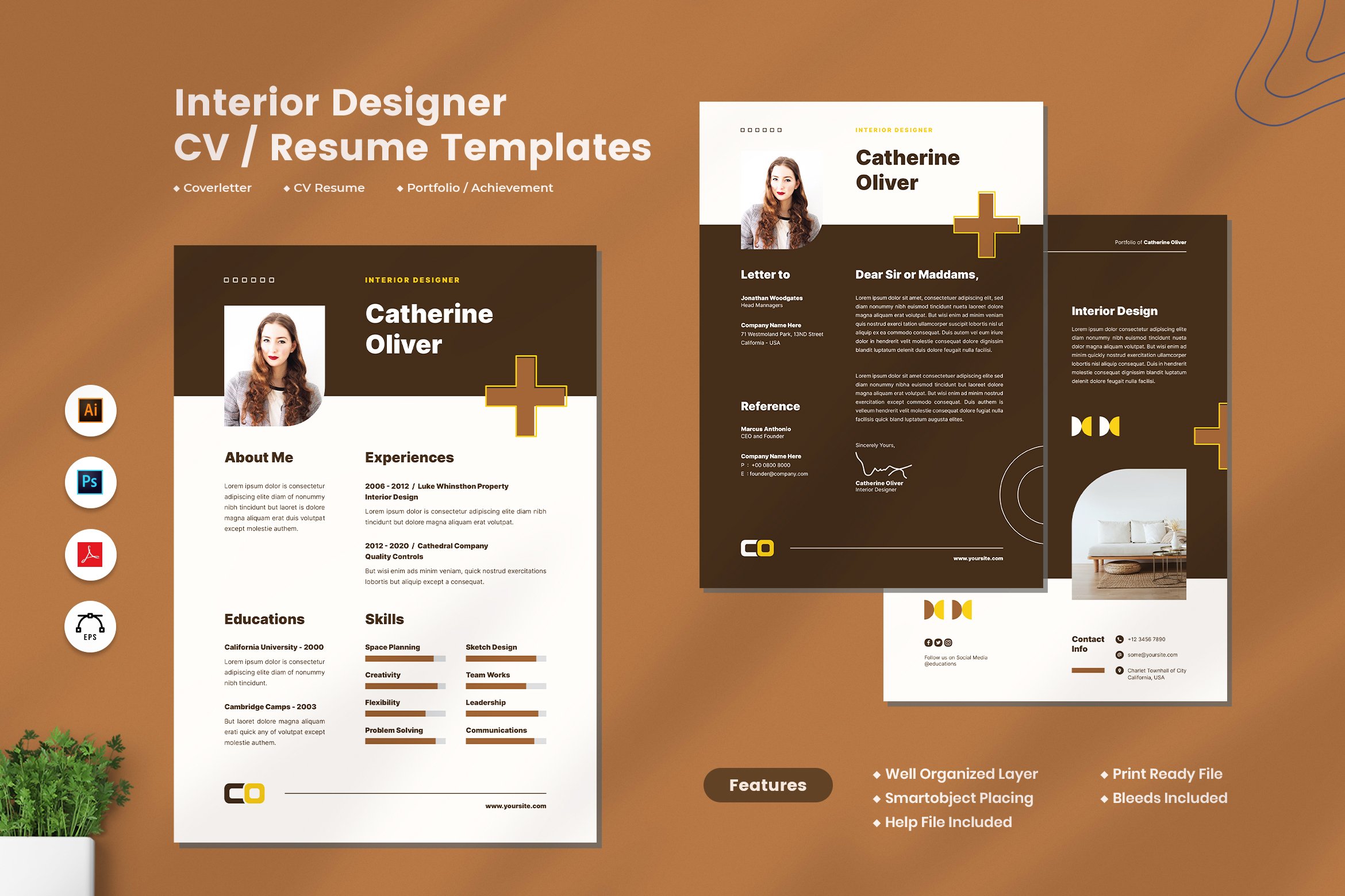Modern resume template with a brown background.