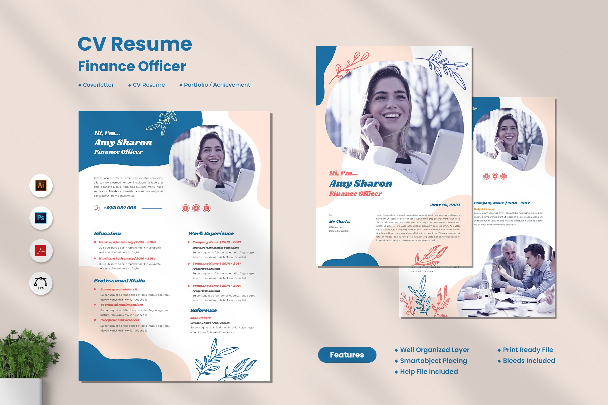 Set of brochures with a picture of a woman in a business suit.