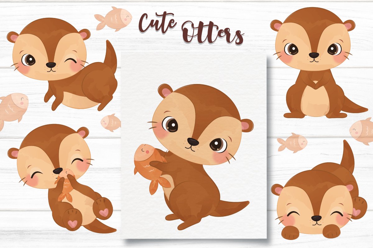 Cute Little Otters Clipart Set cover image.