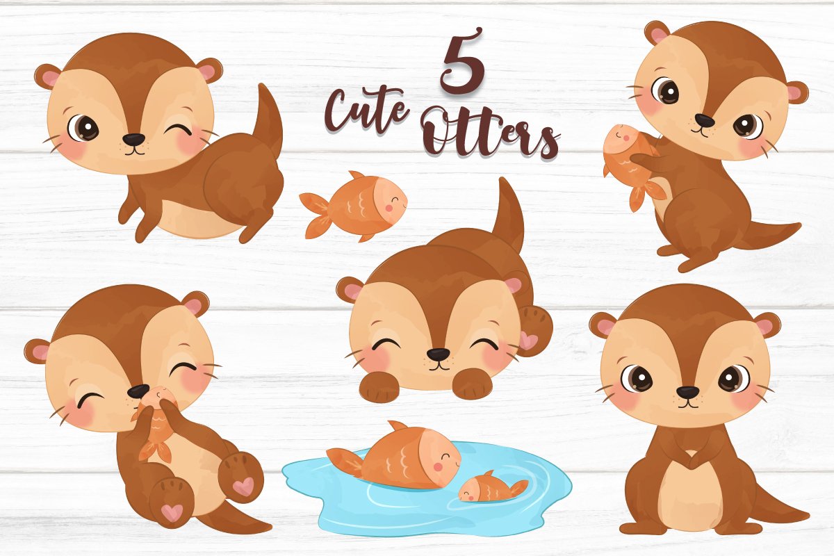Cute Little Otters Clipart Set preview image.