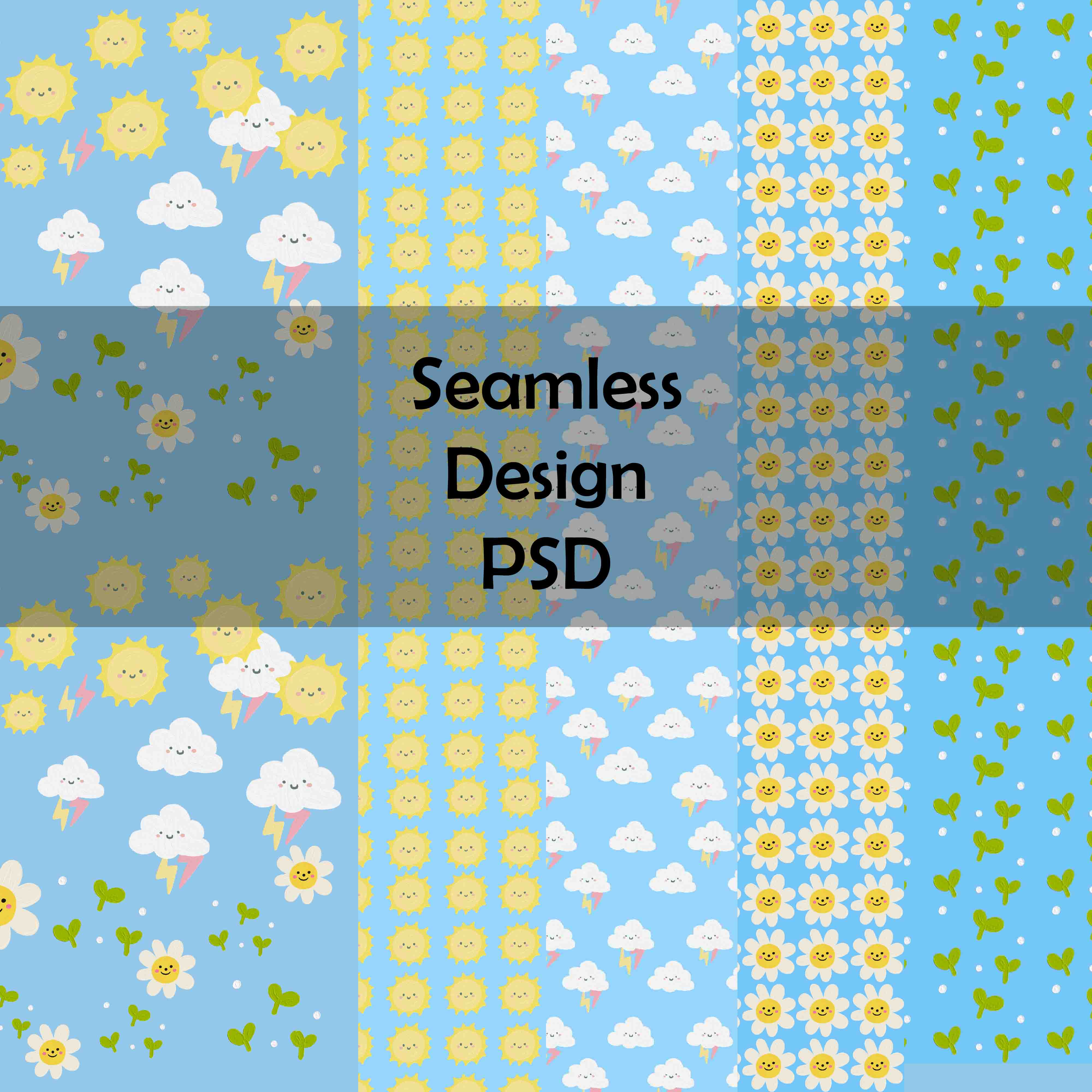 Set of four seamless designs with flowers and clouds.