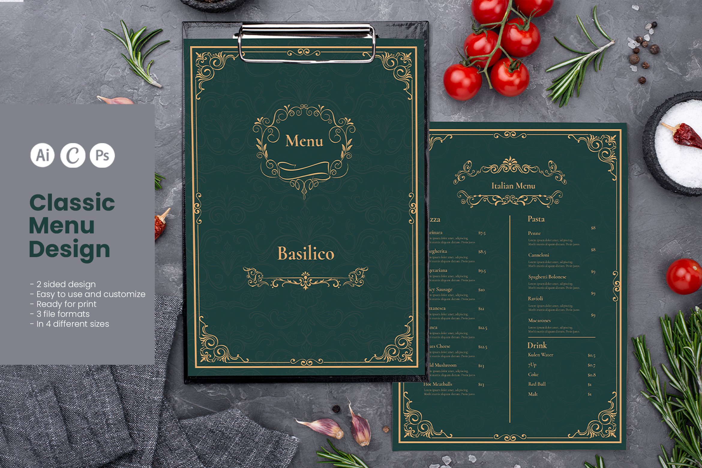 Classic Restaurant Menu Template cover image.