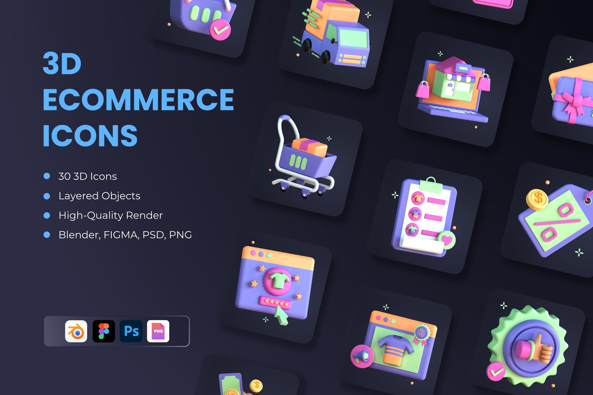 30 3D eCommerce Icon Set cover image.