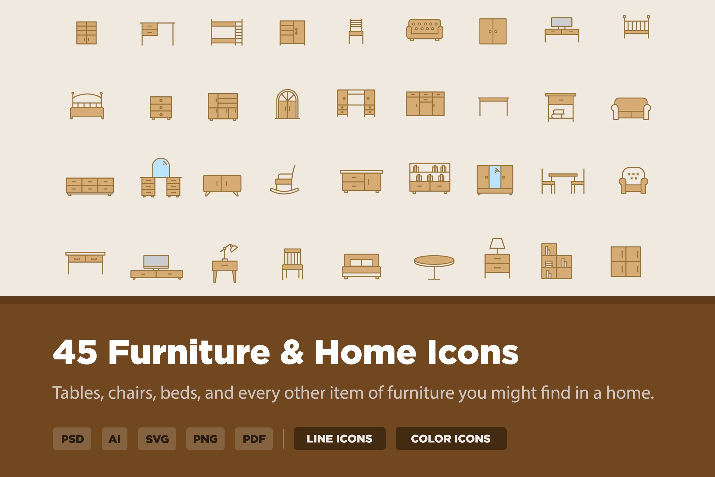 45 Furniture and Home Icons cover image.