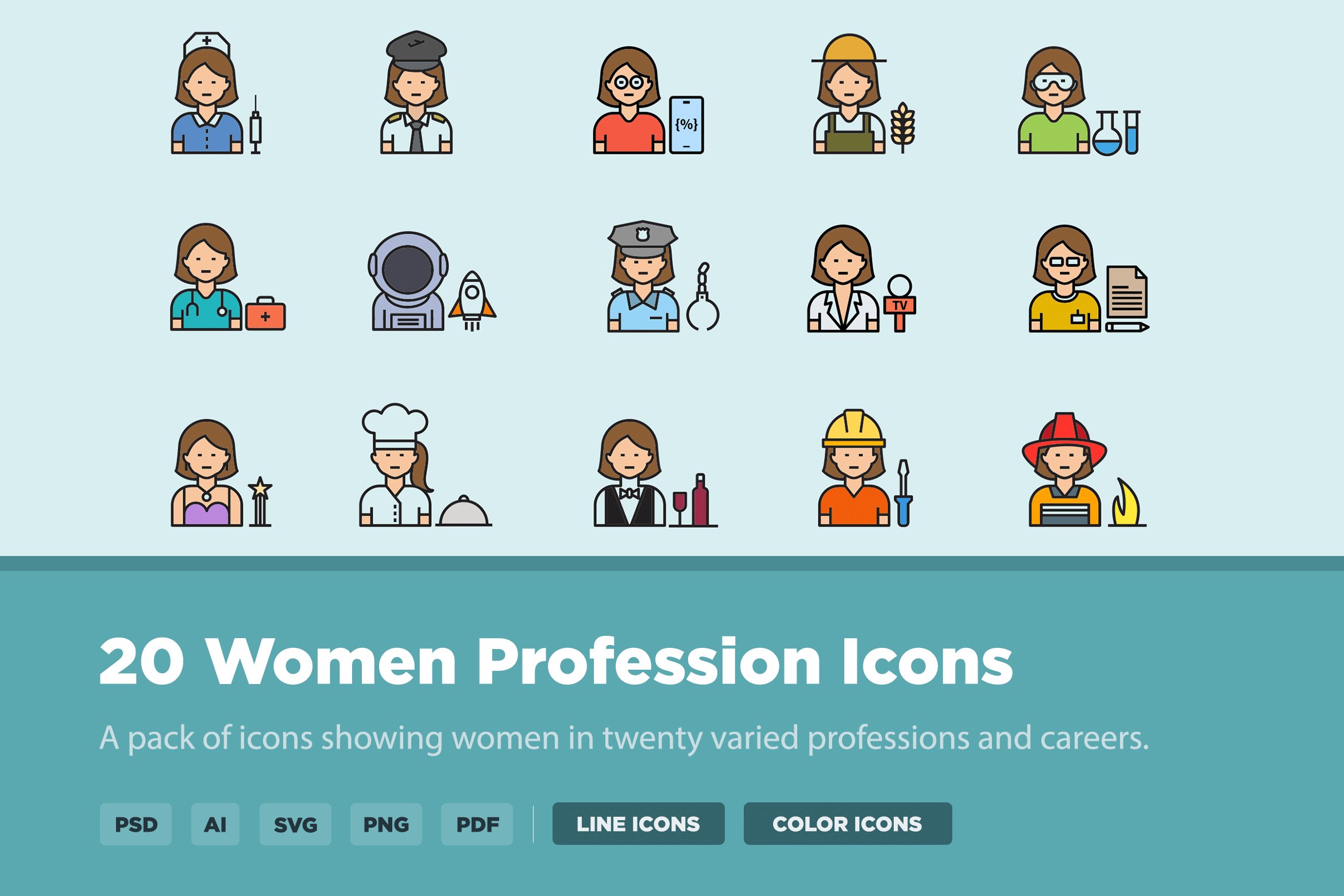 20 Woman Profession Icons cover image.