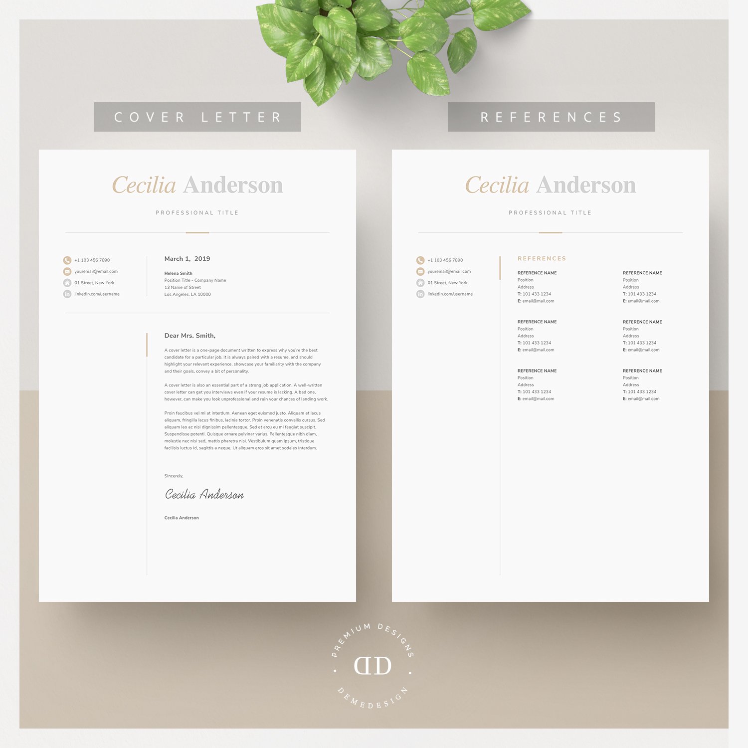 Two resume templates with a green plant on top of them.