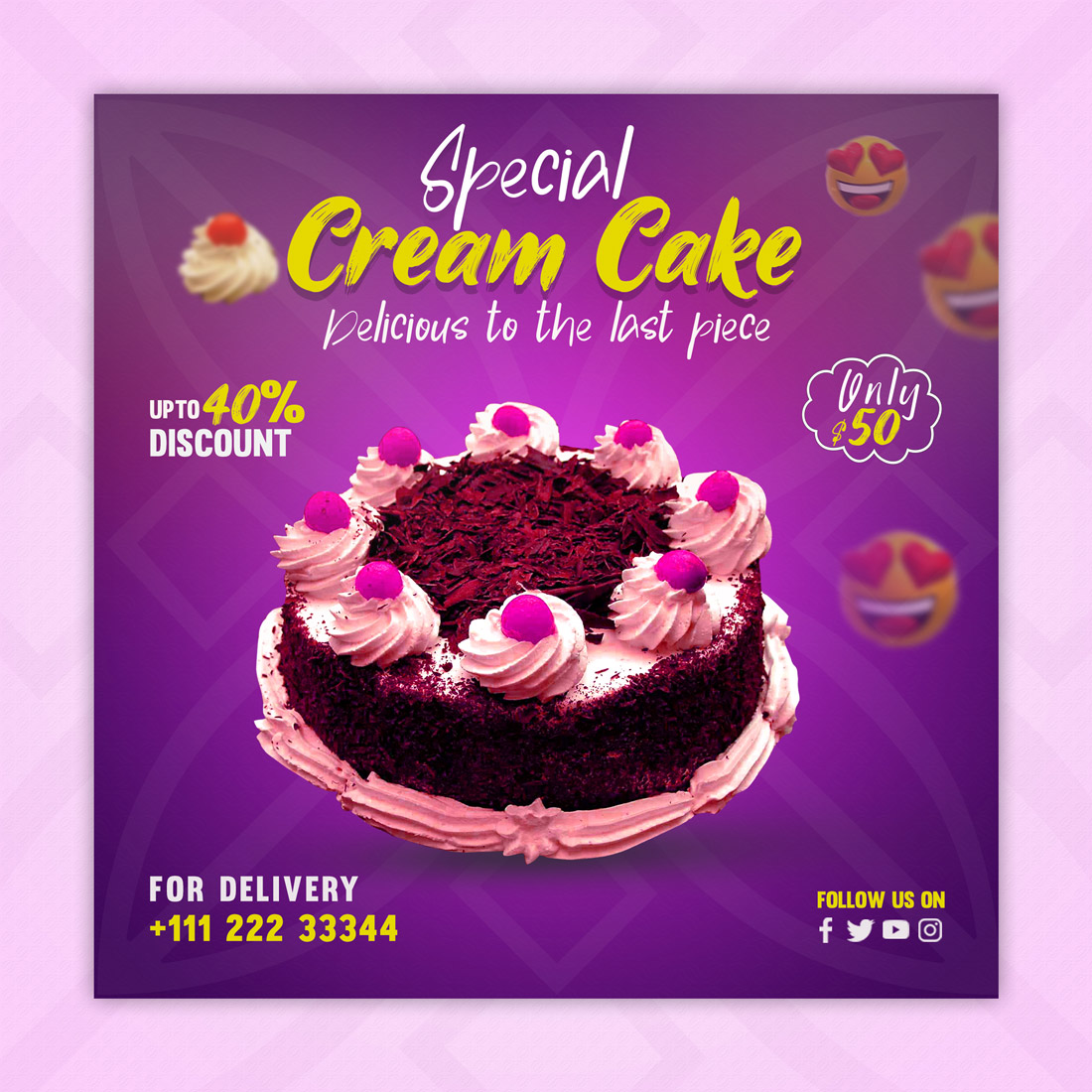 Flyer for a cake shop with a picture of a cake.