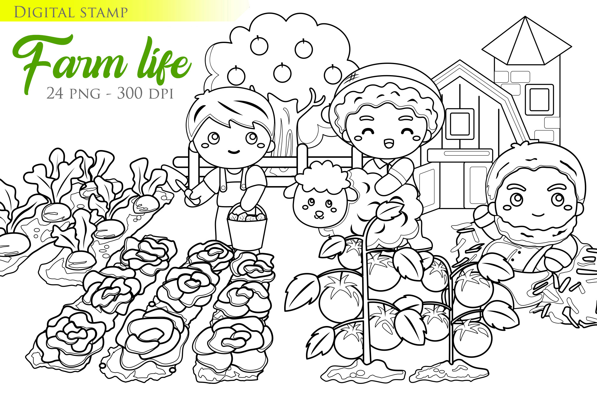 Black and white image of a farm life coloring page.