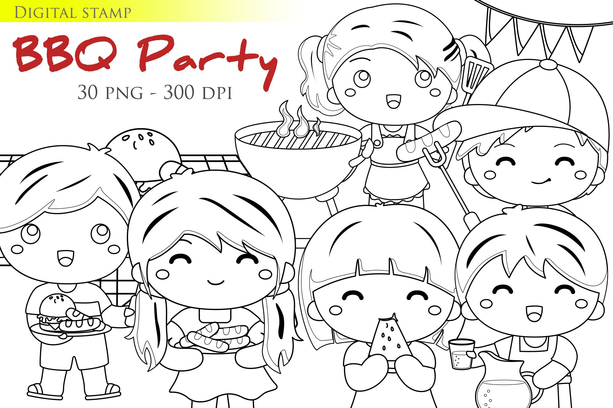 Group of cartoon children with a bbq party sign in the background.