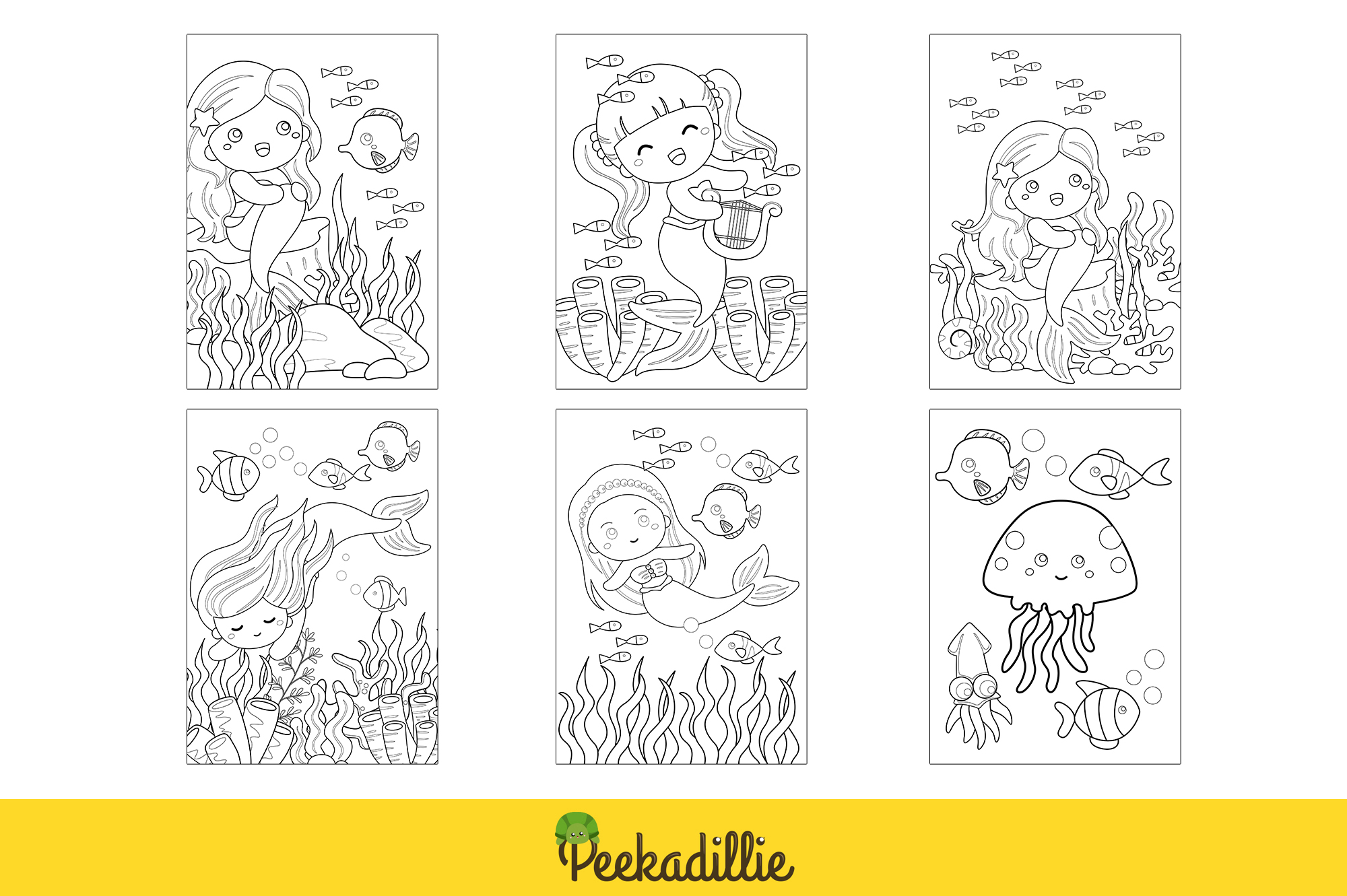 Coloring page with four pictures of mermaids.