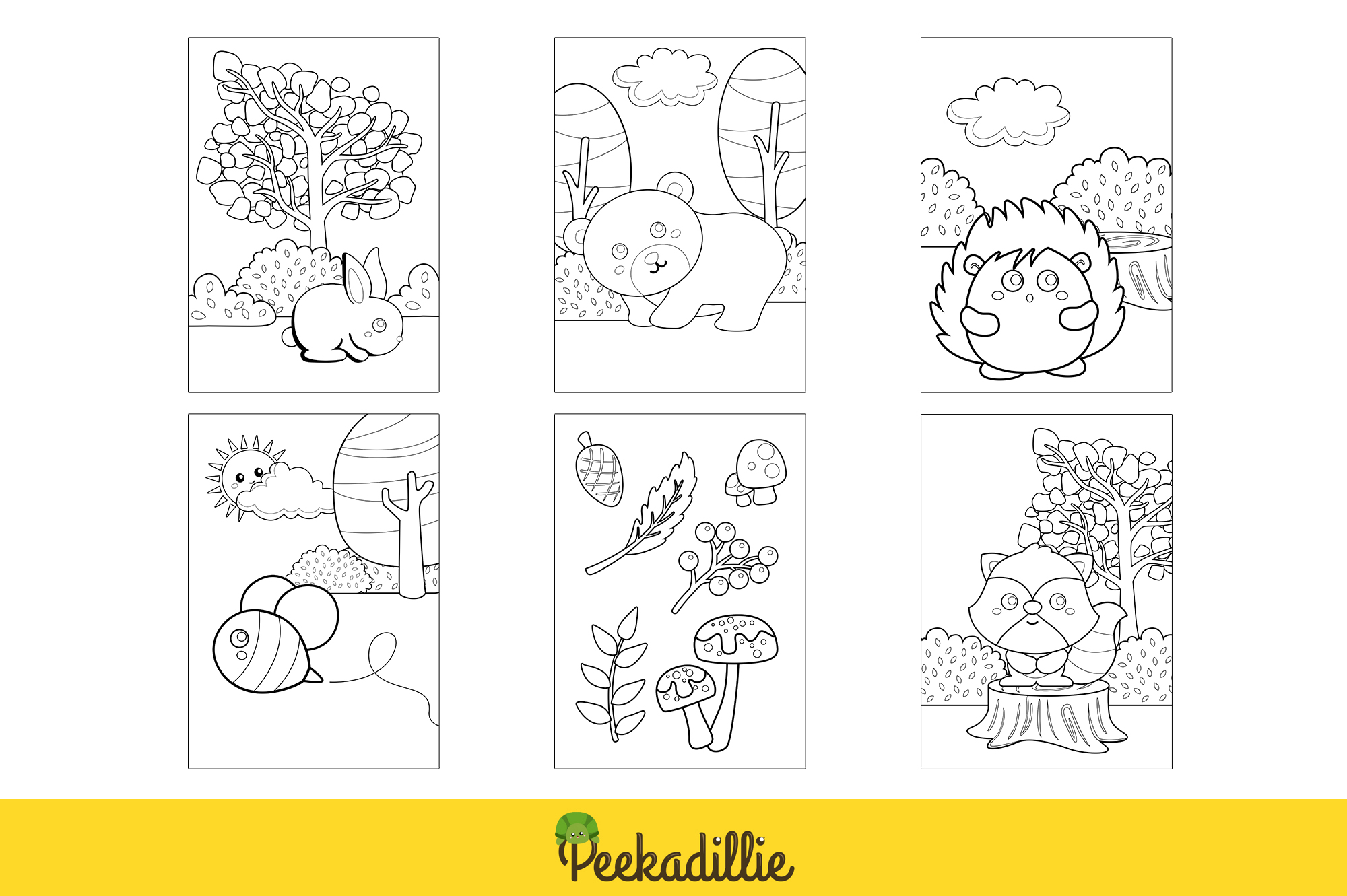 Four coloring pages of different animals and plants.