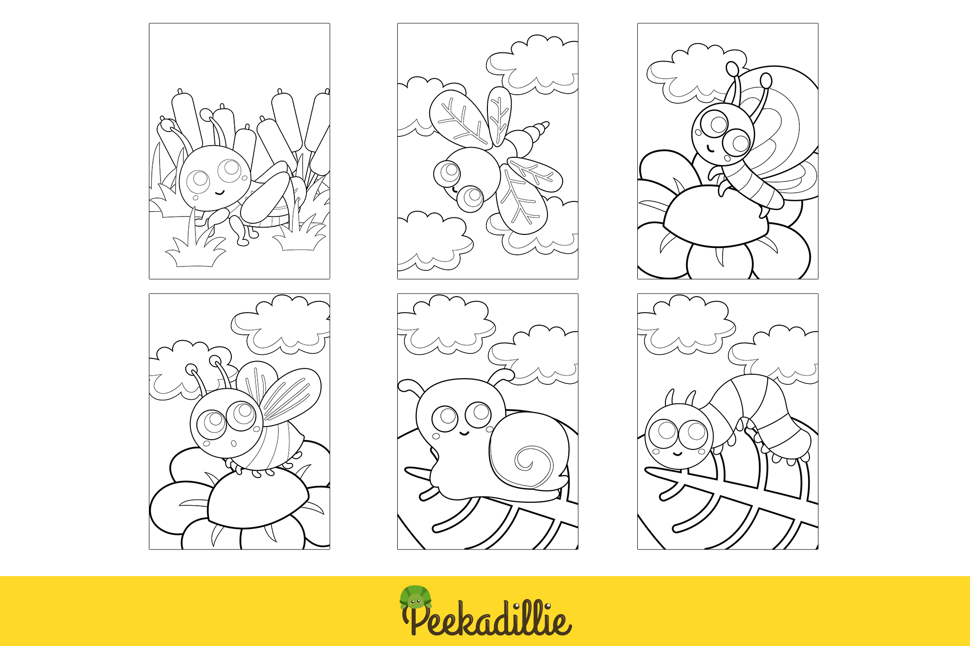 Coloring page with four pictures of bees.