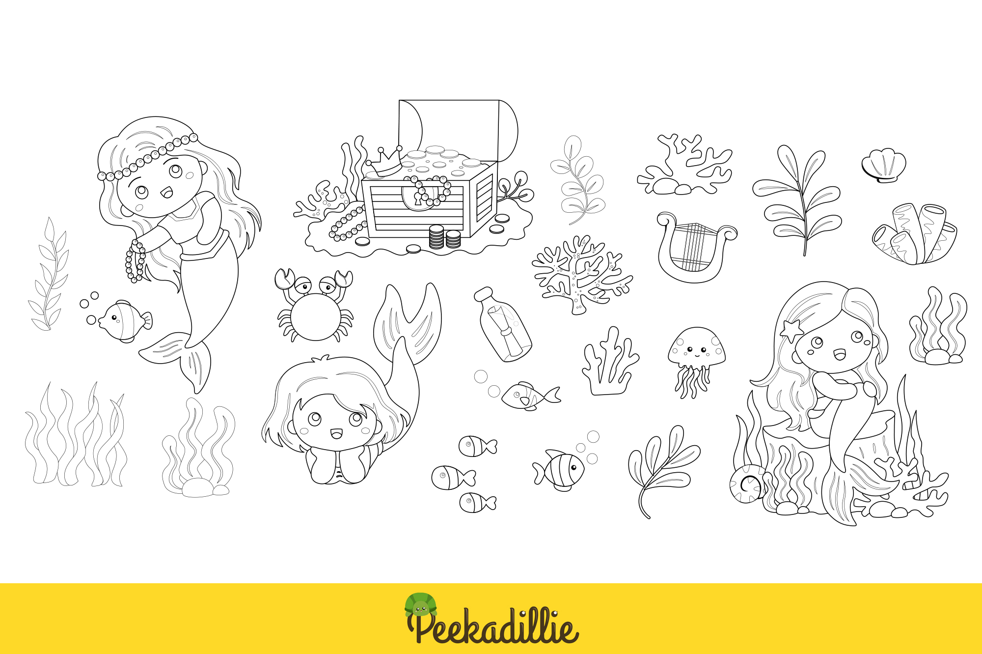 Coloring page with a mermaid and other sea creatures.
