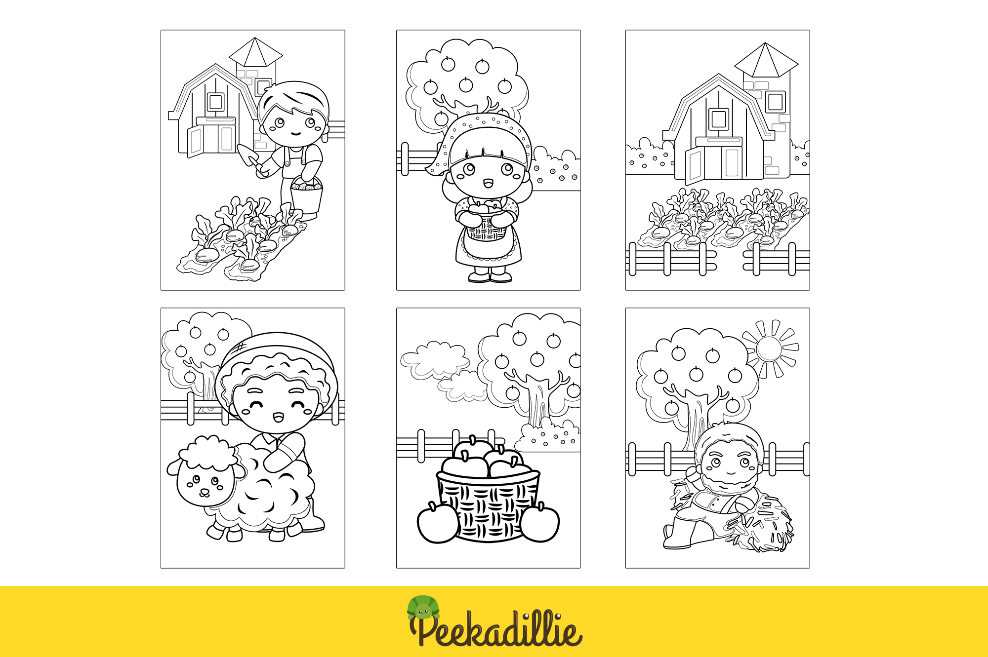Coloring page with four pictures of children.