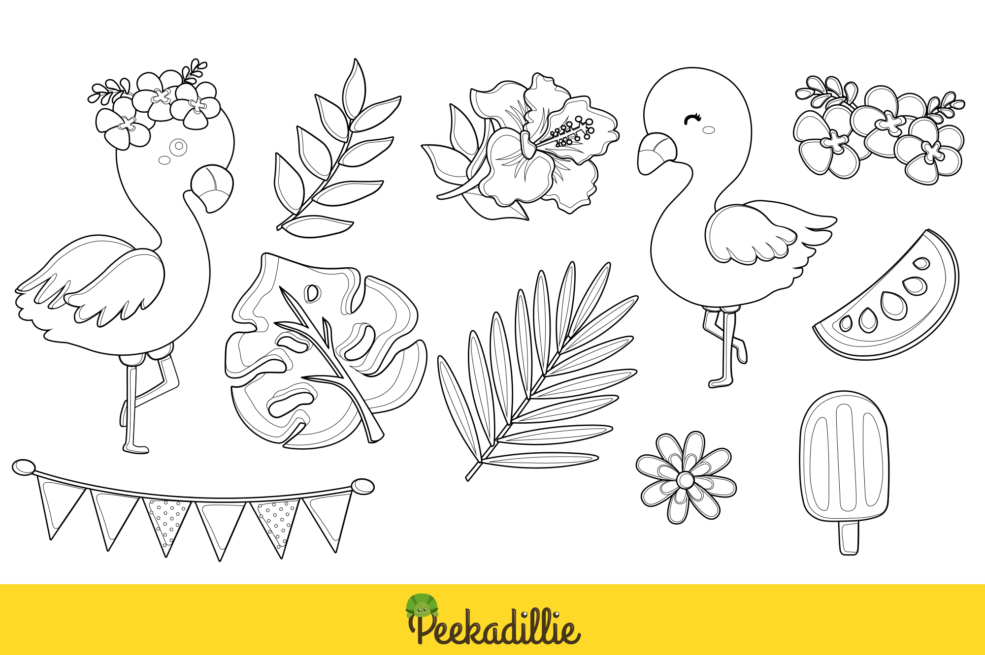 Coloring page with a bunch of birds and flowers.