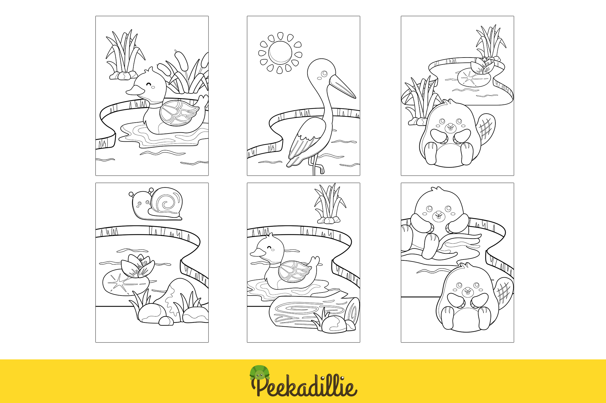 Four coloring pages of different animals and plants.