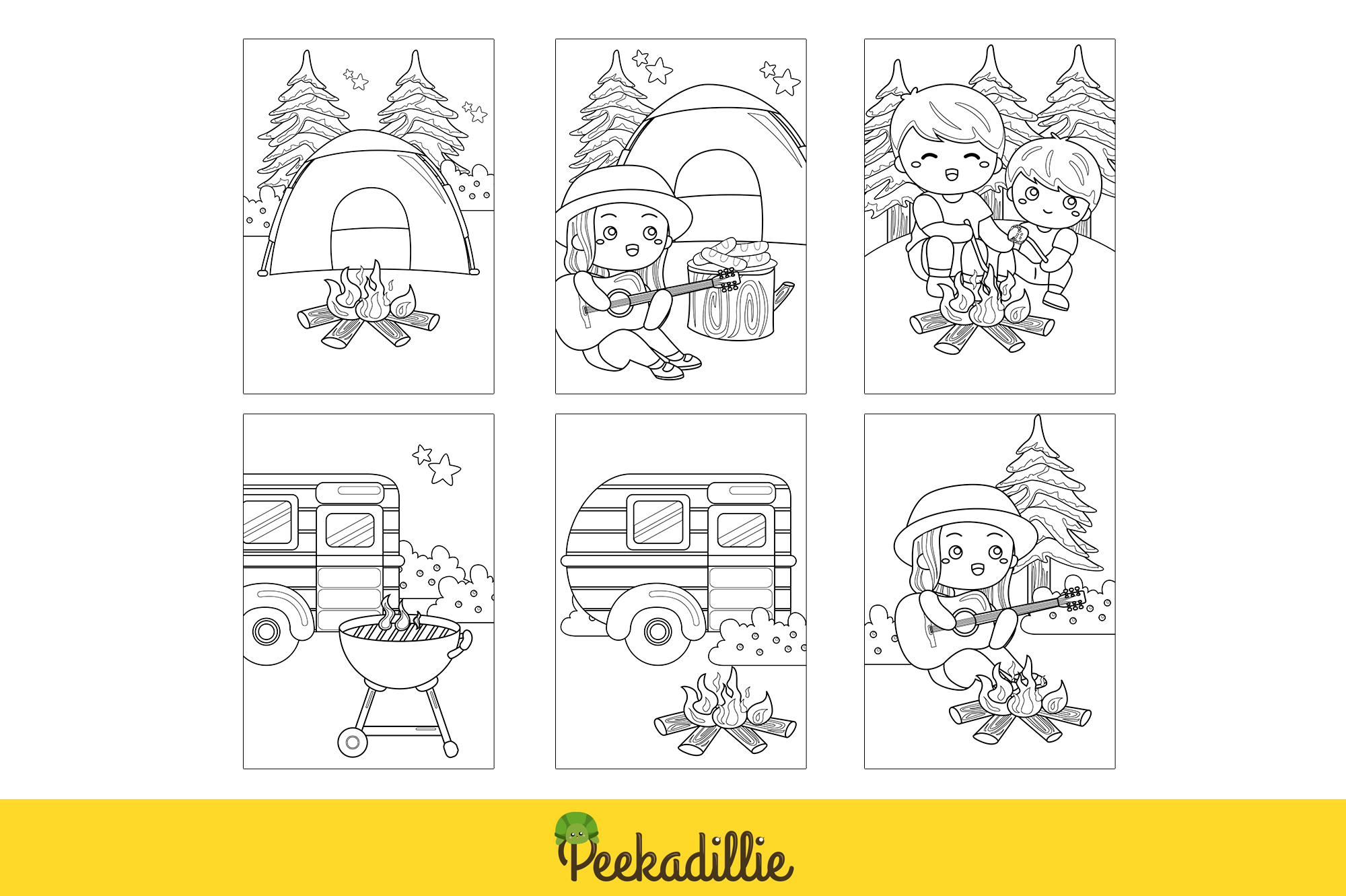 Four coloring pages of a camper and a girl.