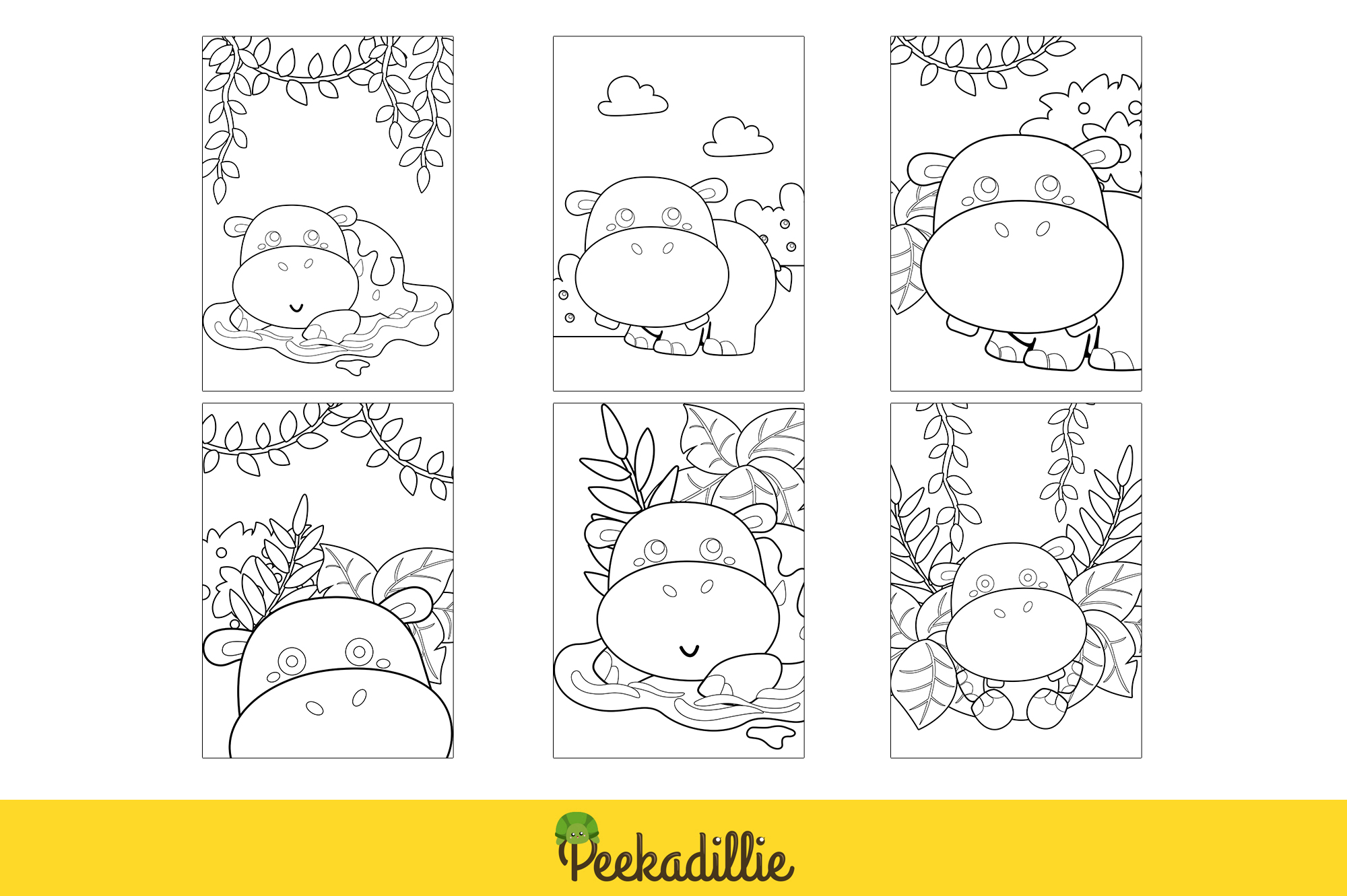 Set of four coloring pages with different animals.