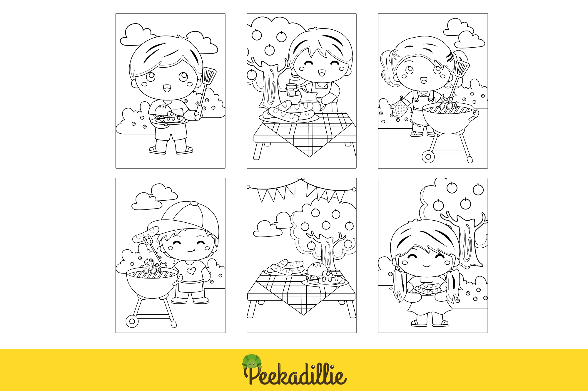 Coloring page with four pictures of a girl cooking.