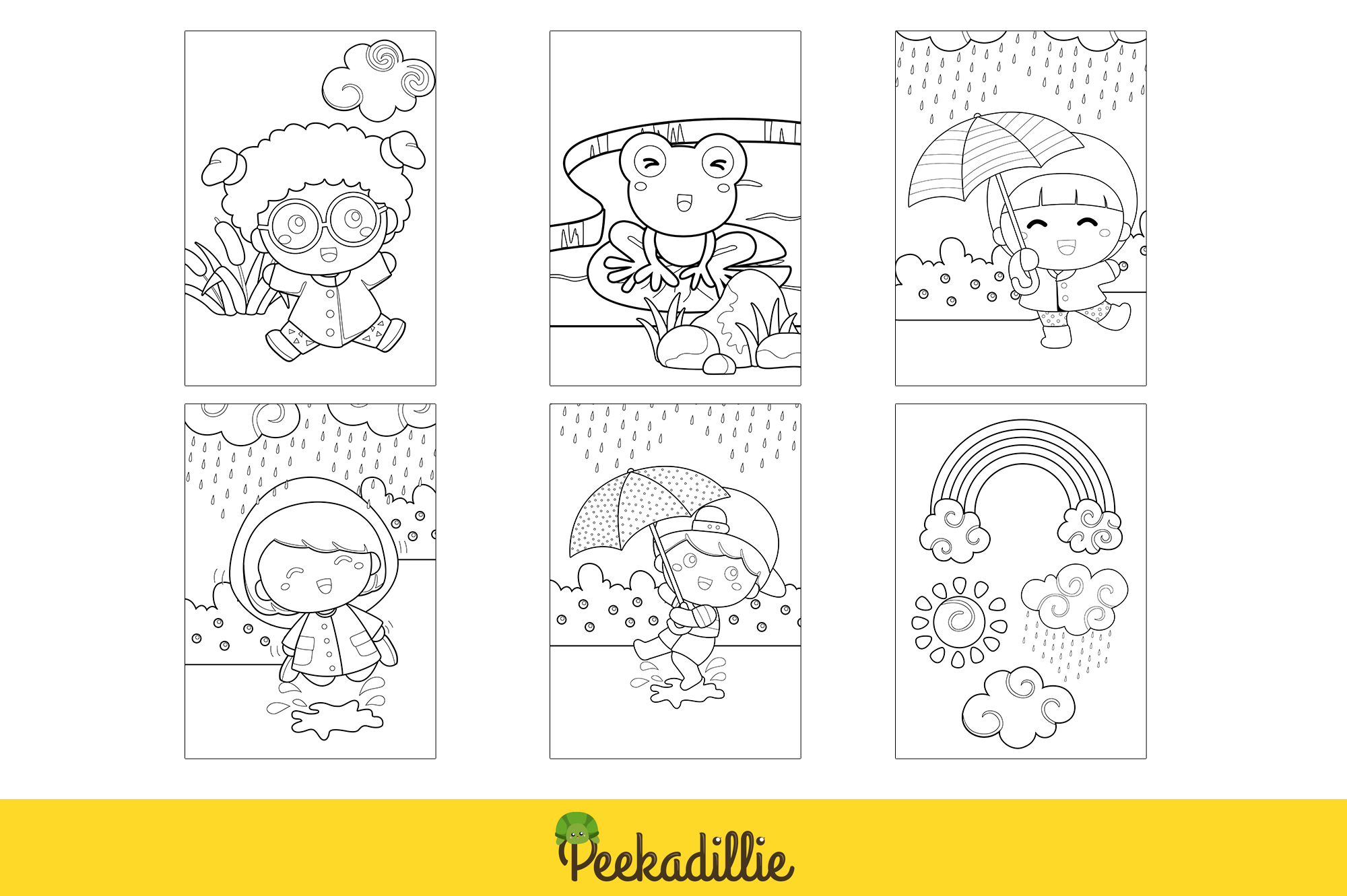 Set of four coloring pages with pictures of children in the rain.