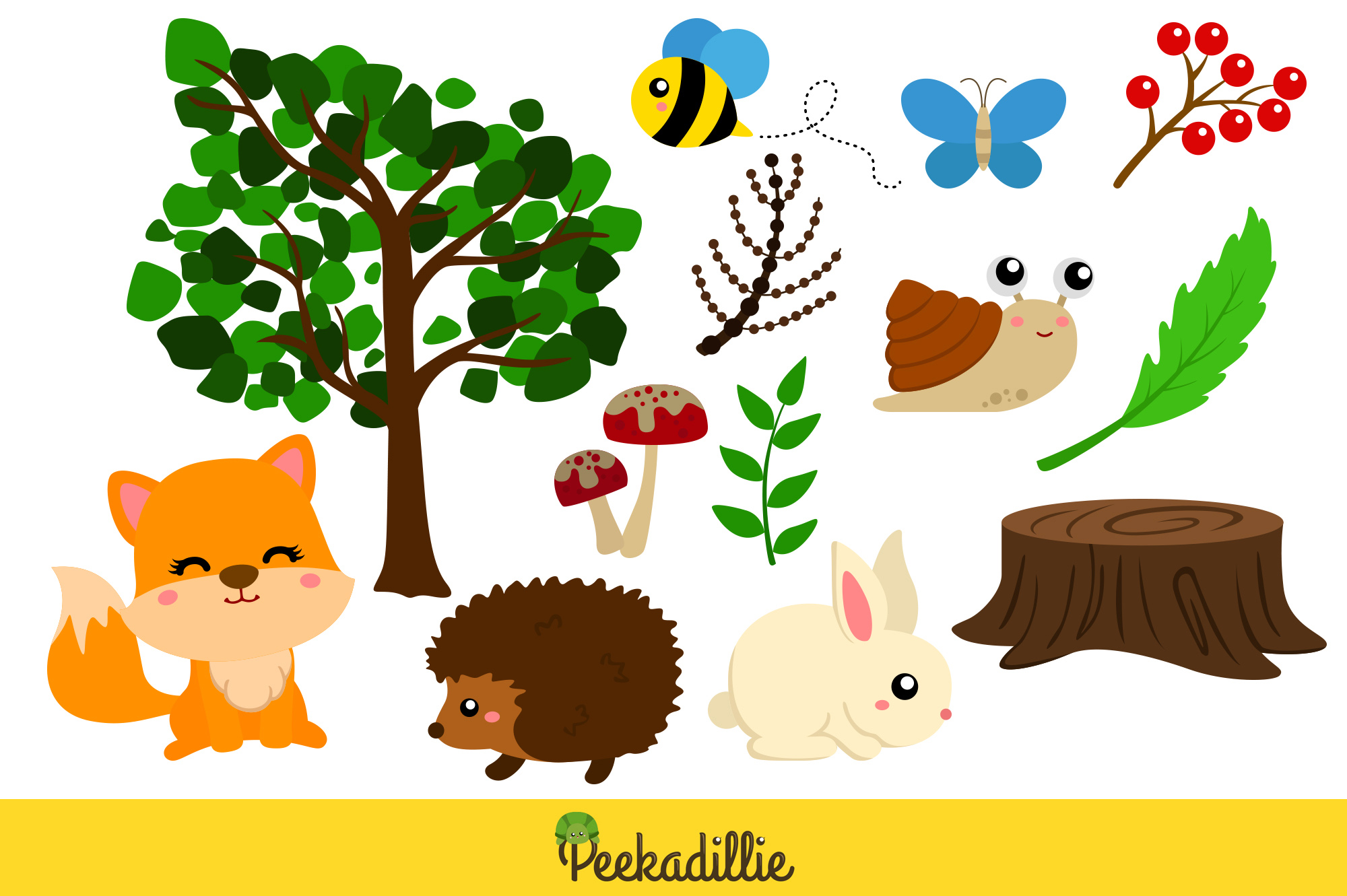 Group of different animals and plants on a white background.