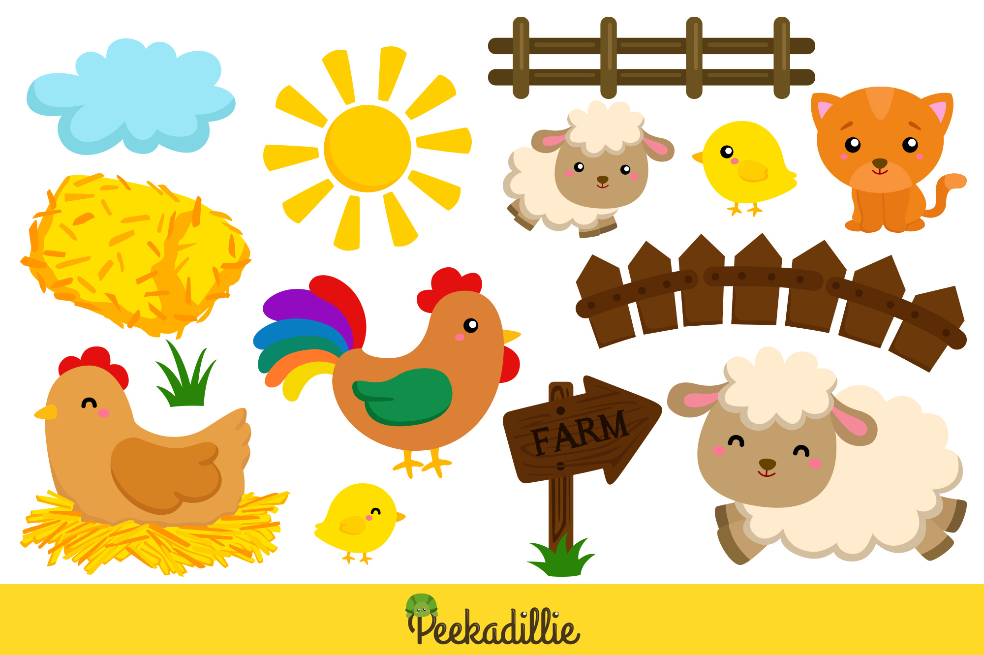 Set of farm animals and farm signs.