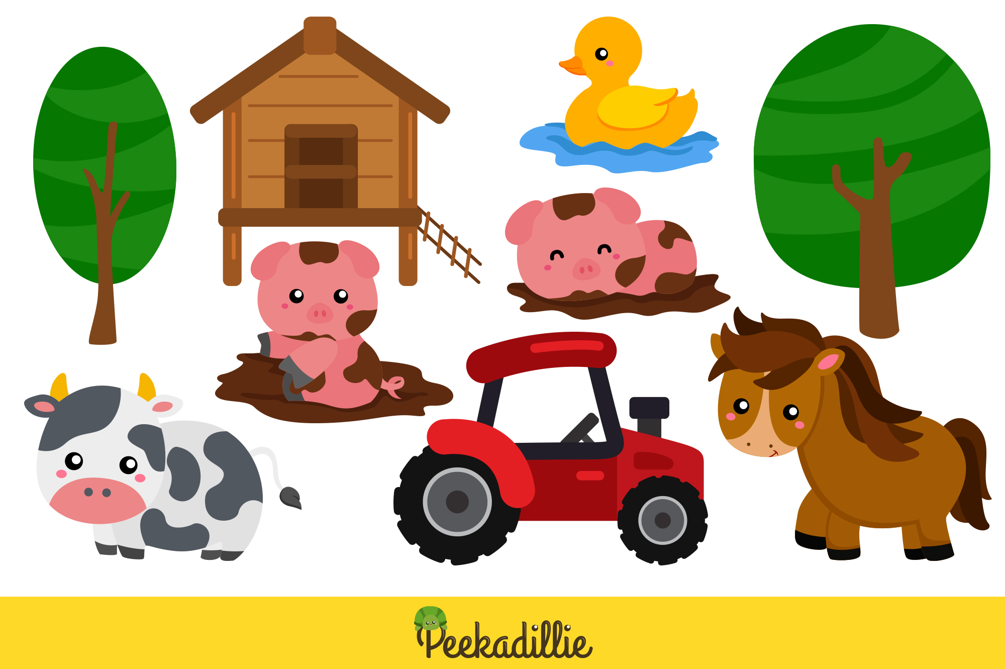 Set of farm animals and farm equipment.