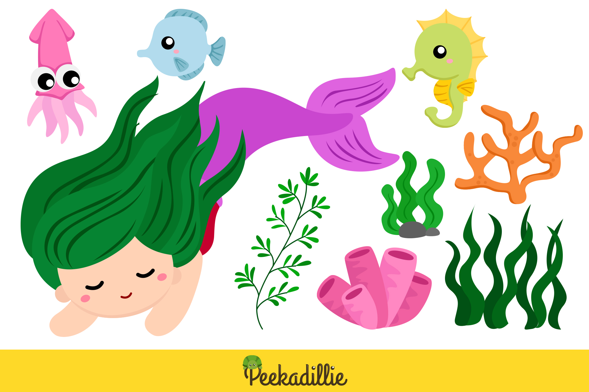 Little girl with green hair under the sea.