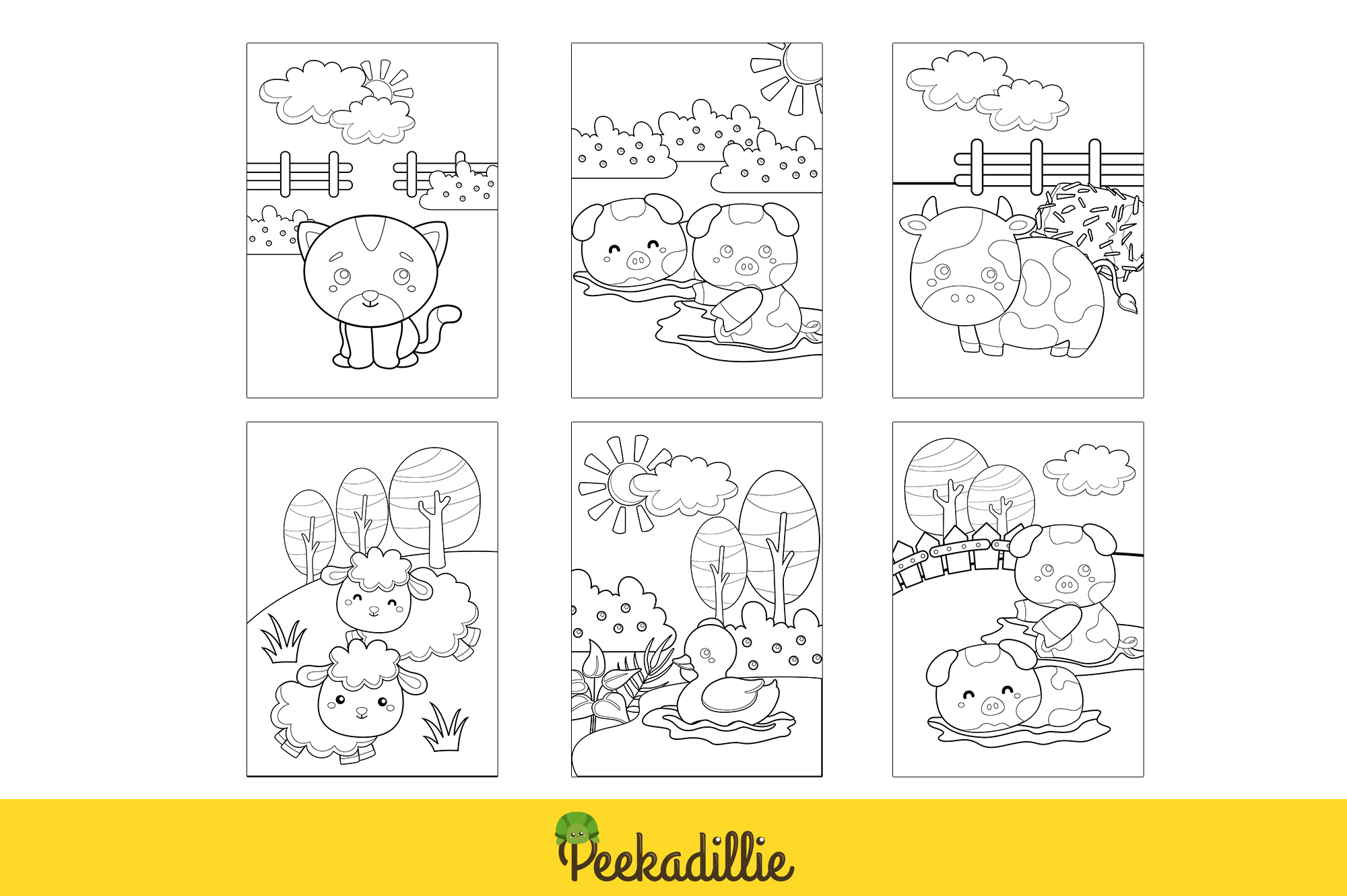 Set of four coloring pages with animals.