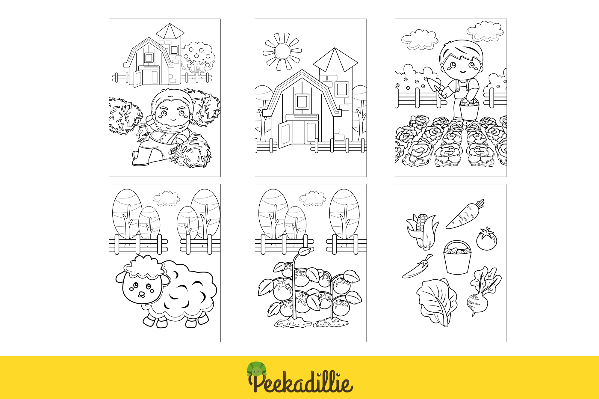 Set of four coloring pages with pictures of farm animals.