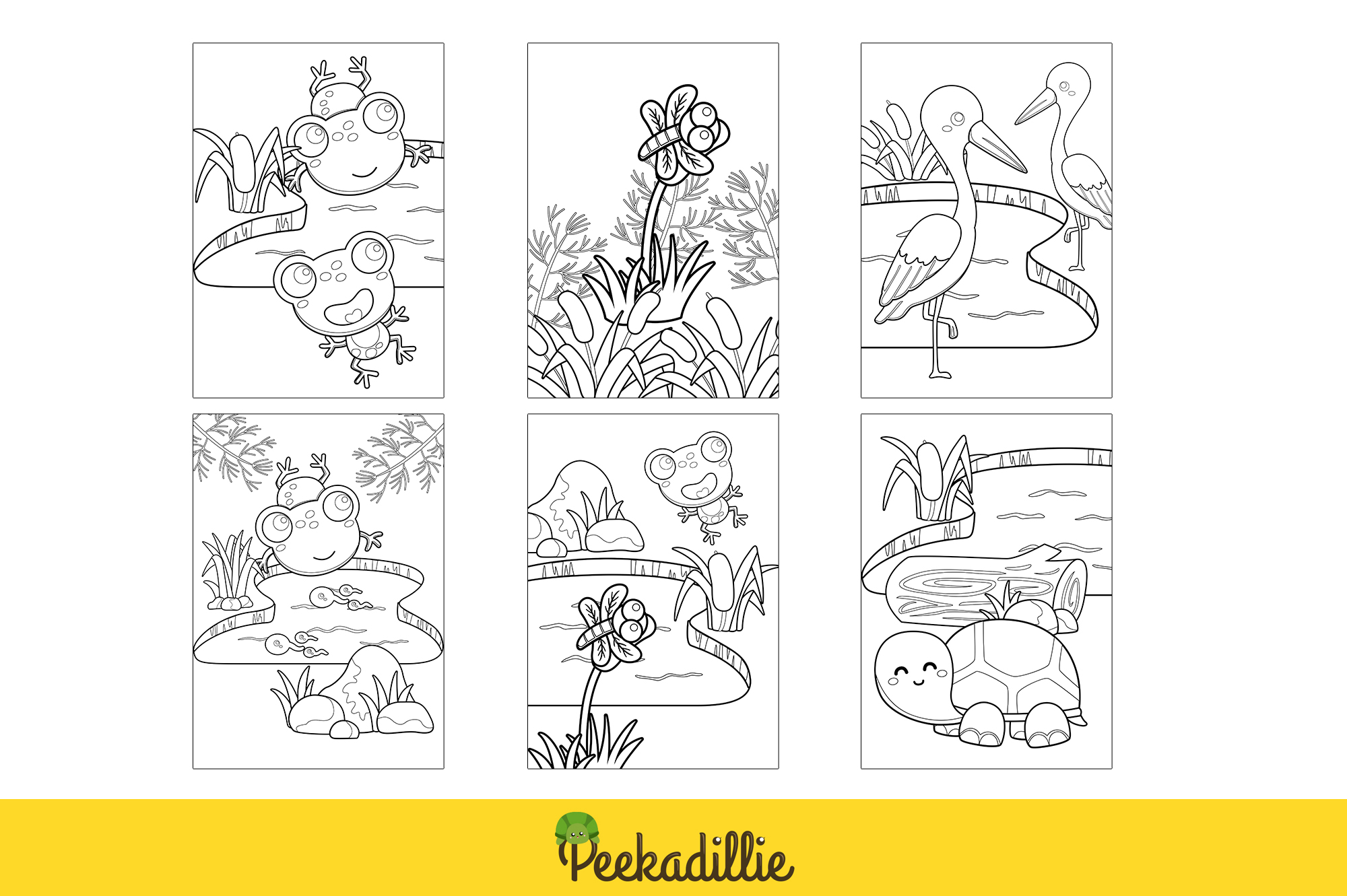 Coloring page with four different pictures of animals.