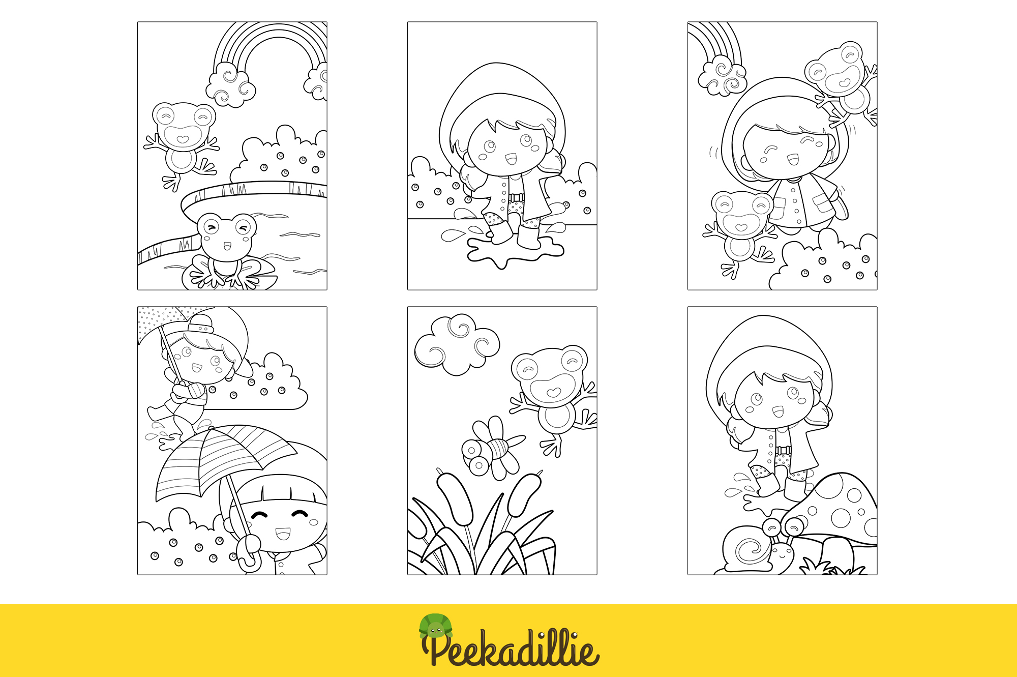Coloring page with four pictures of children playing in the rain.