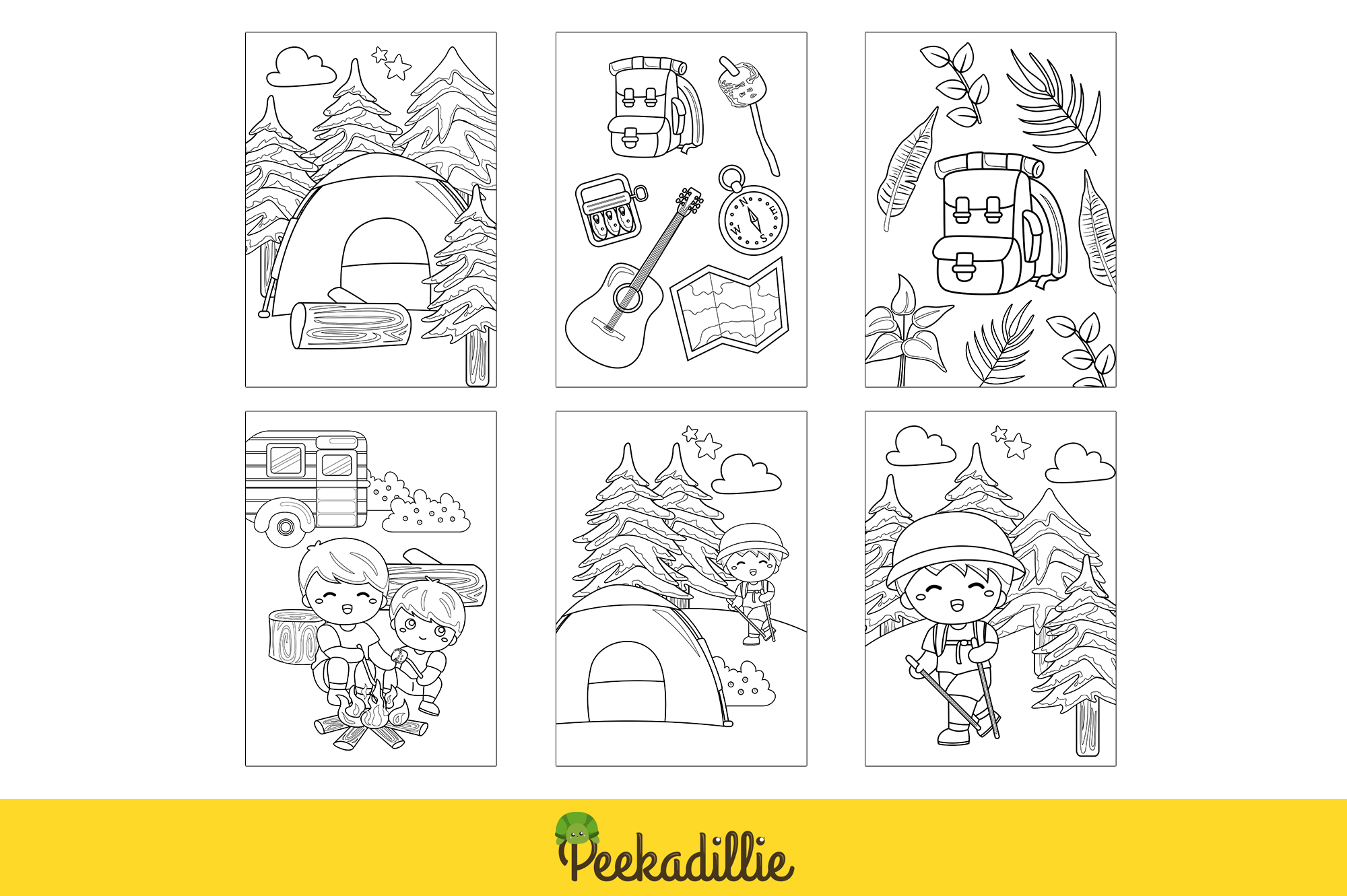 Set of four coloring pages with a picture of different things.