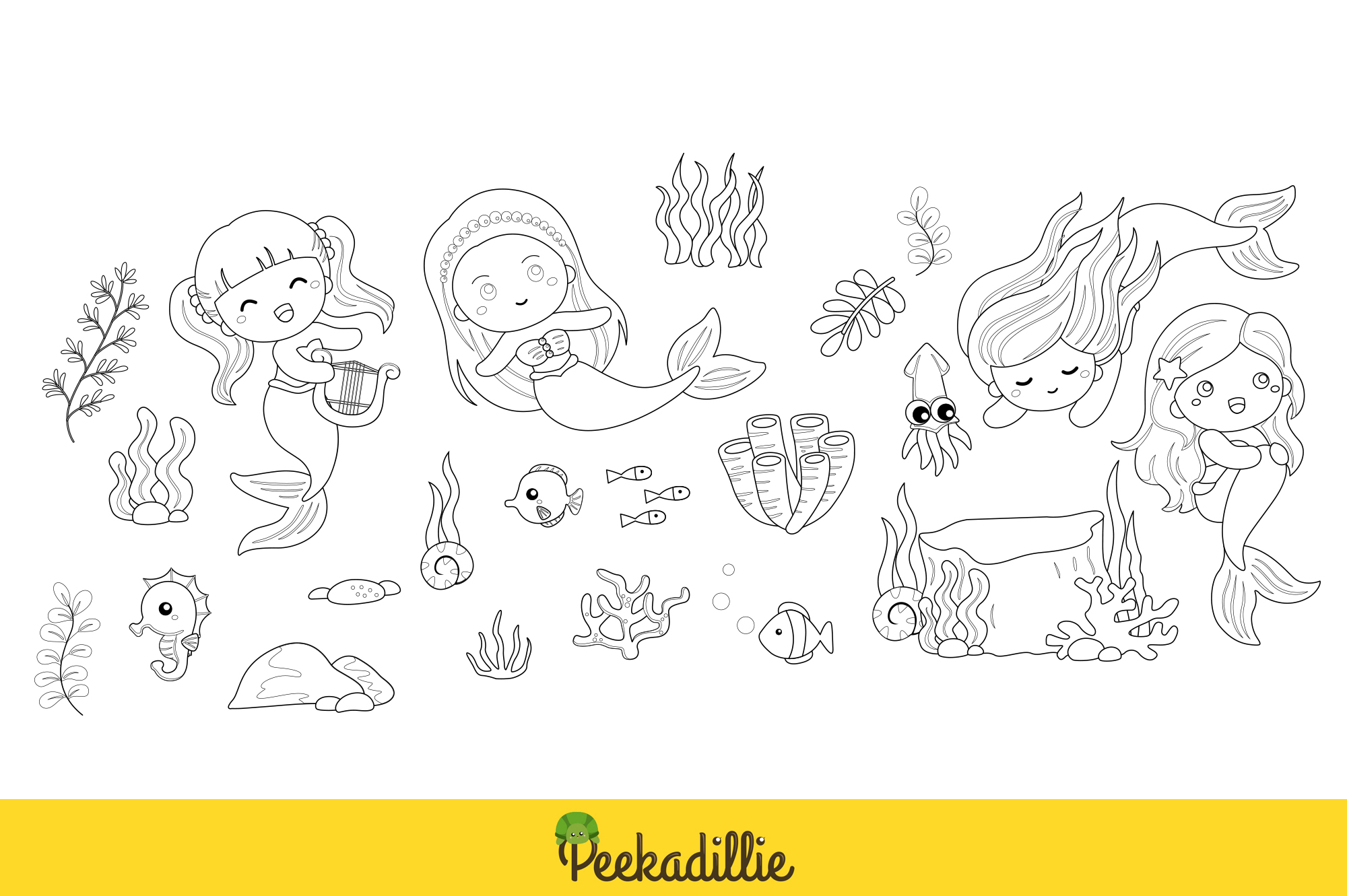 Coloring page with mermaids and sea animals.