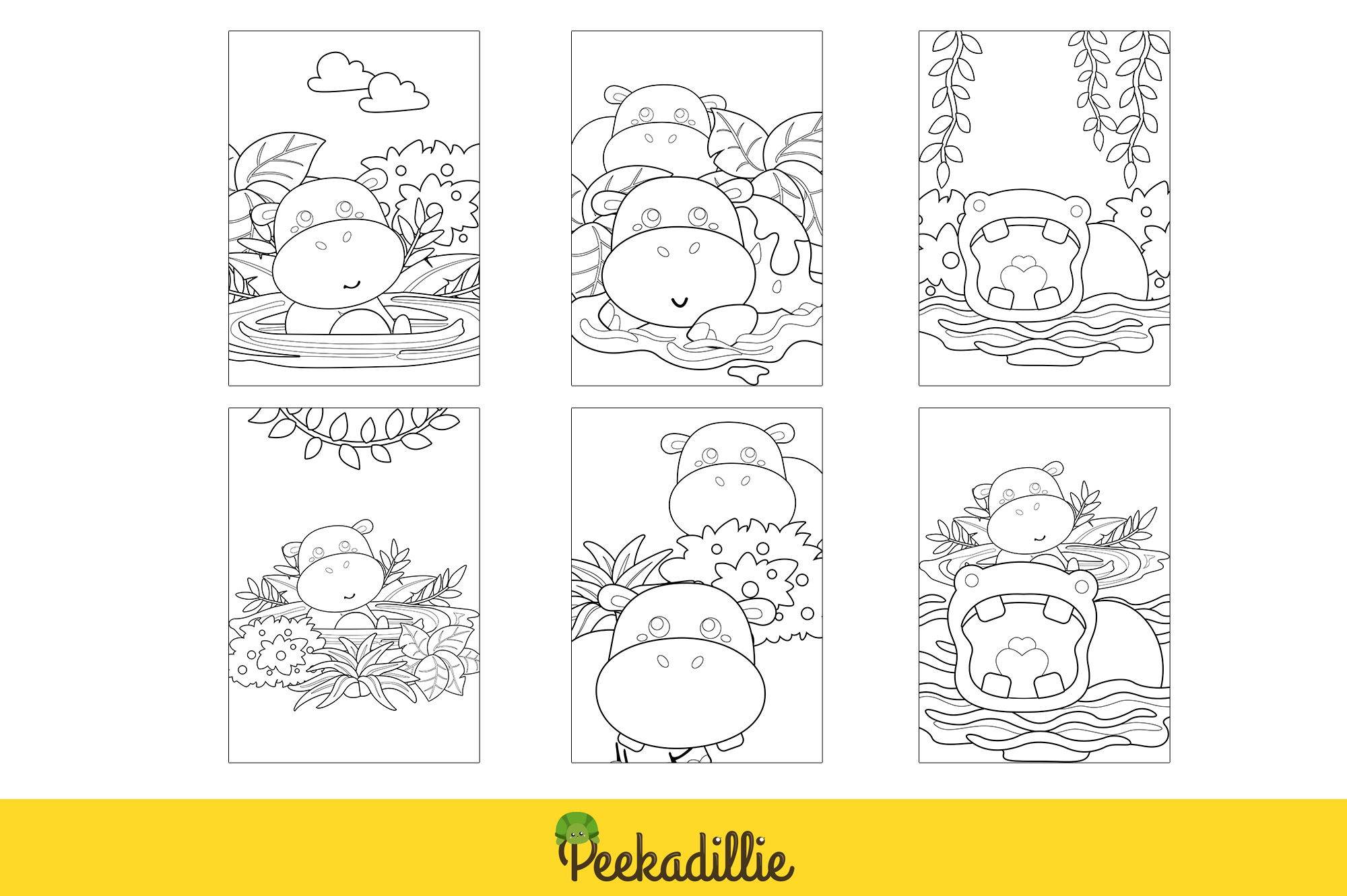 Coloring page with four pictures of animals.