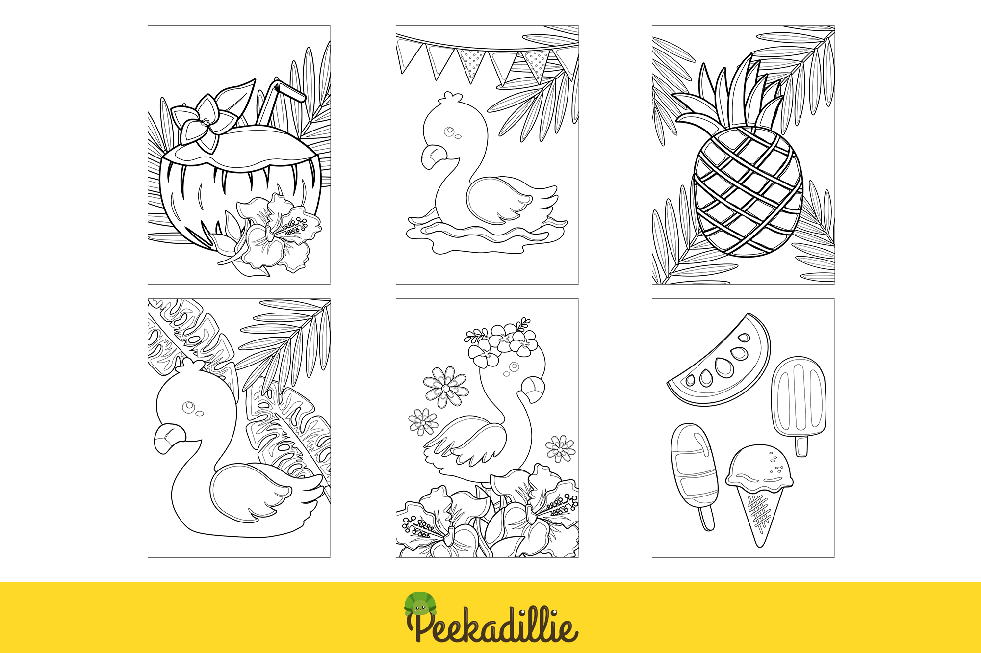 Coloring page with four pictures of different things.