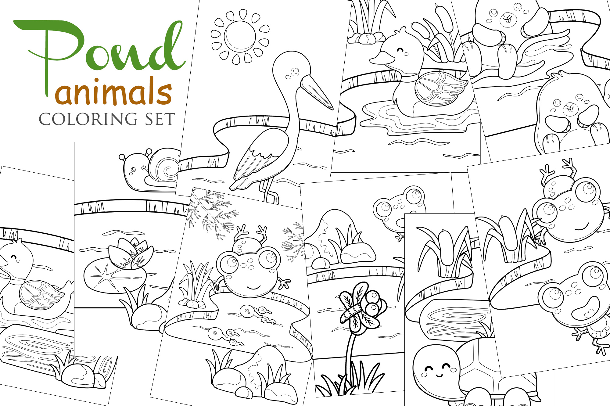 Set of coloring pages with animals and plants.