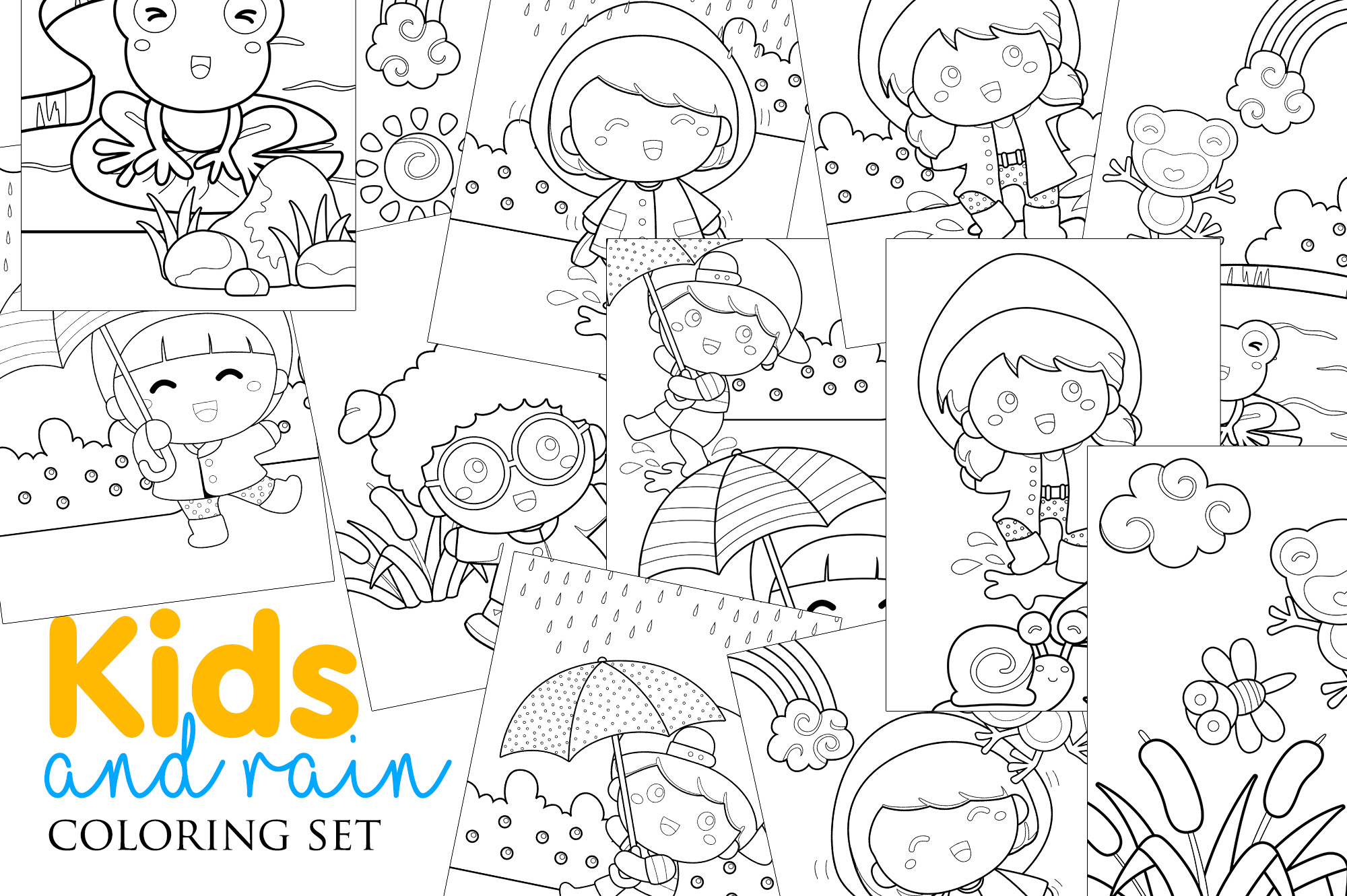Bunch of kids and rain coloring pages.