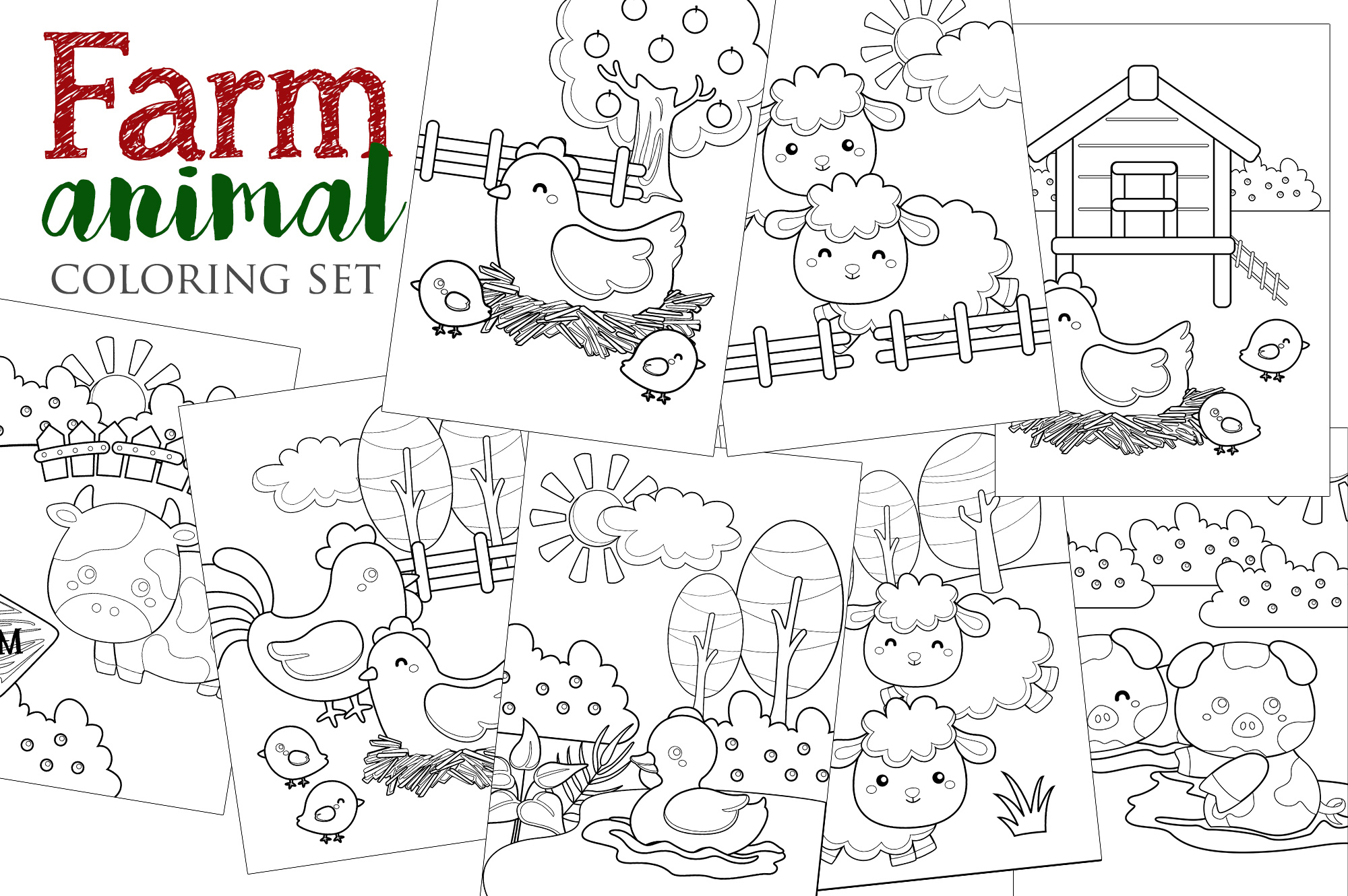 Farm animal coloring set with farm animals.