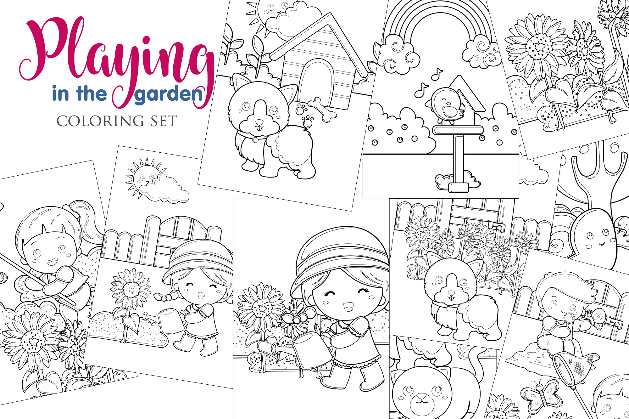 Kids Boy and Girl Playing in The Garden with Animals on Summer Holiday  Coloring Set