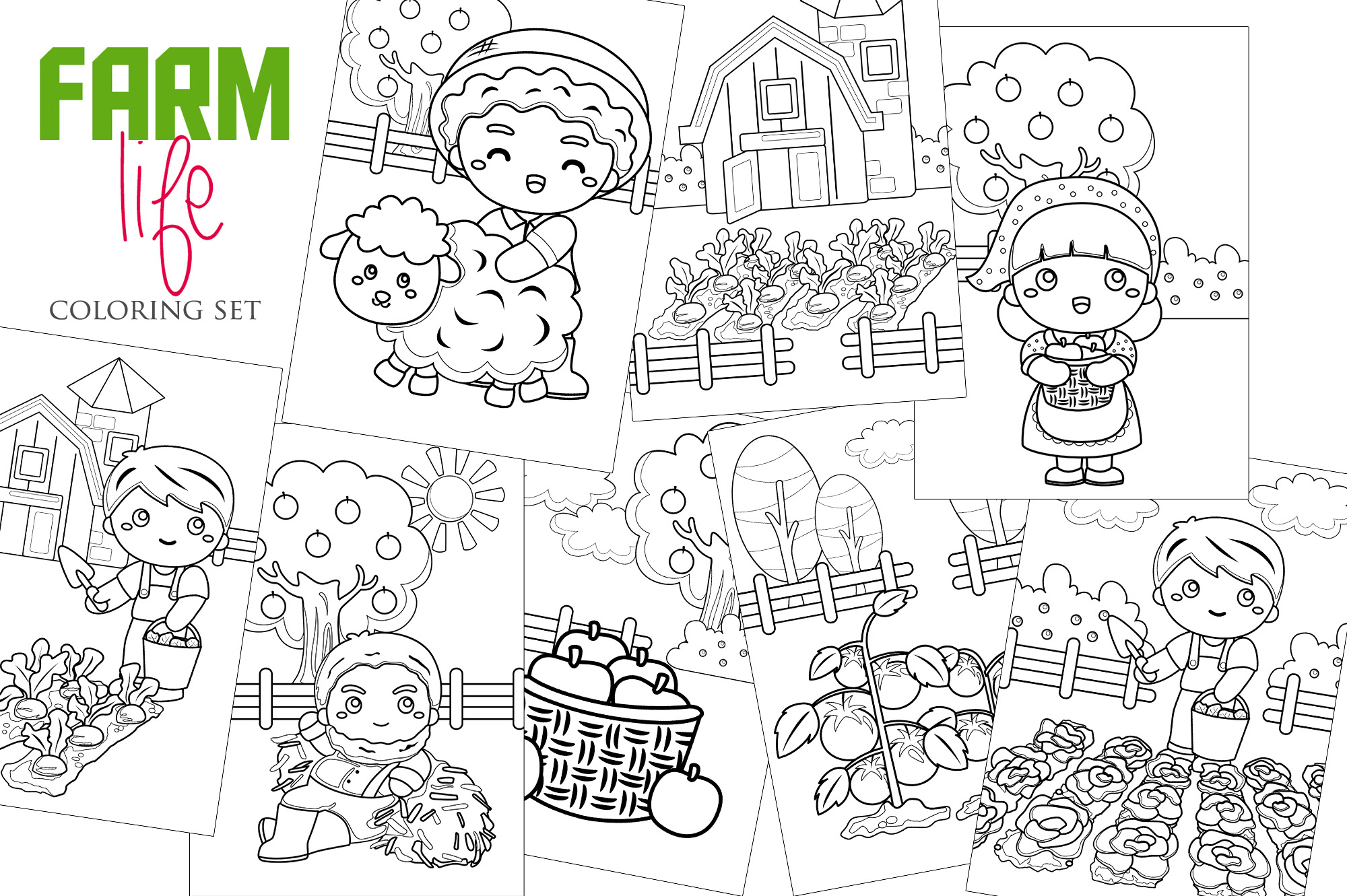 Farm life coloring set with farm animals.