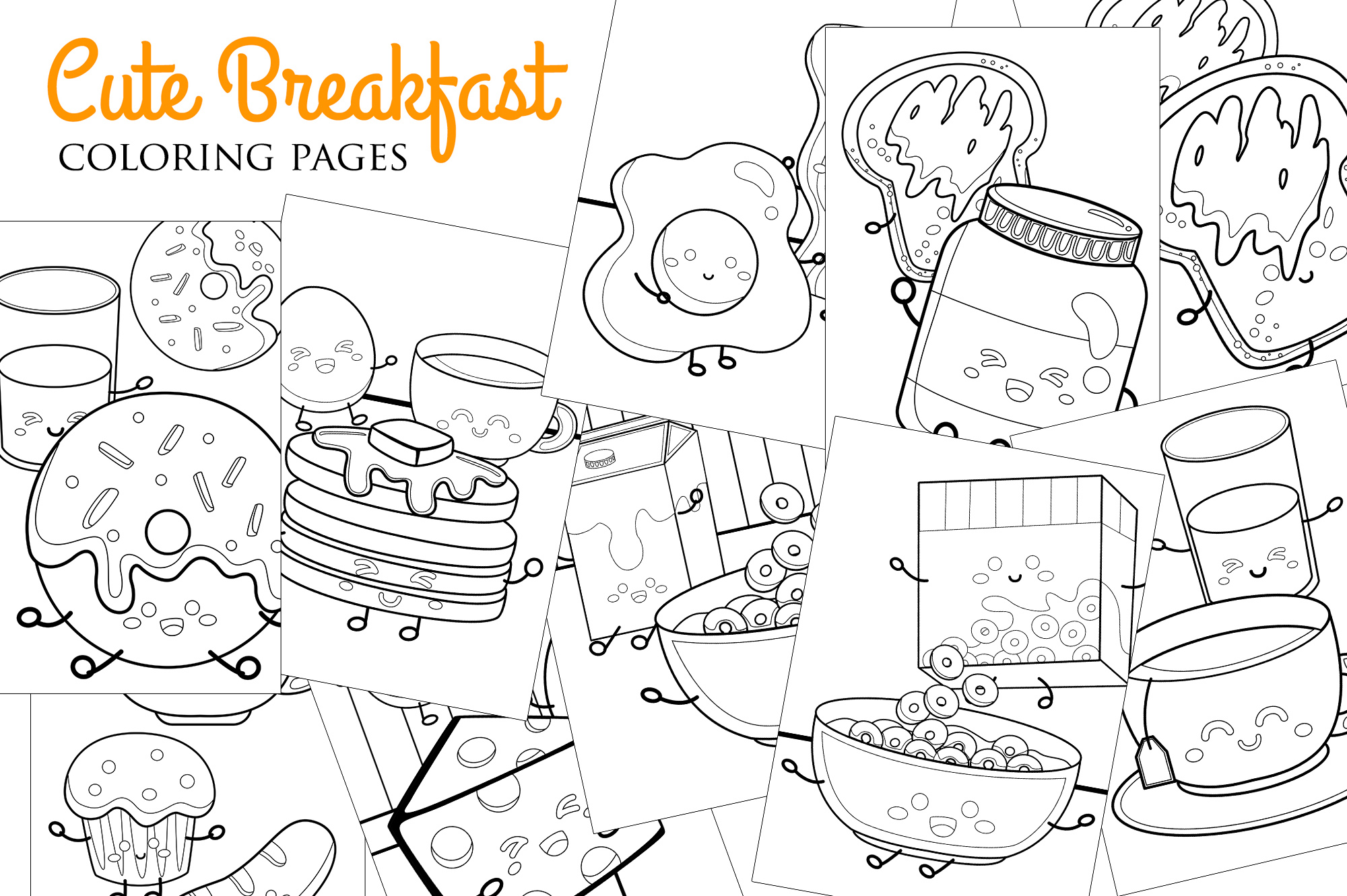Bunch of coloring pages that are filled with food.