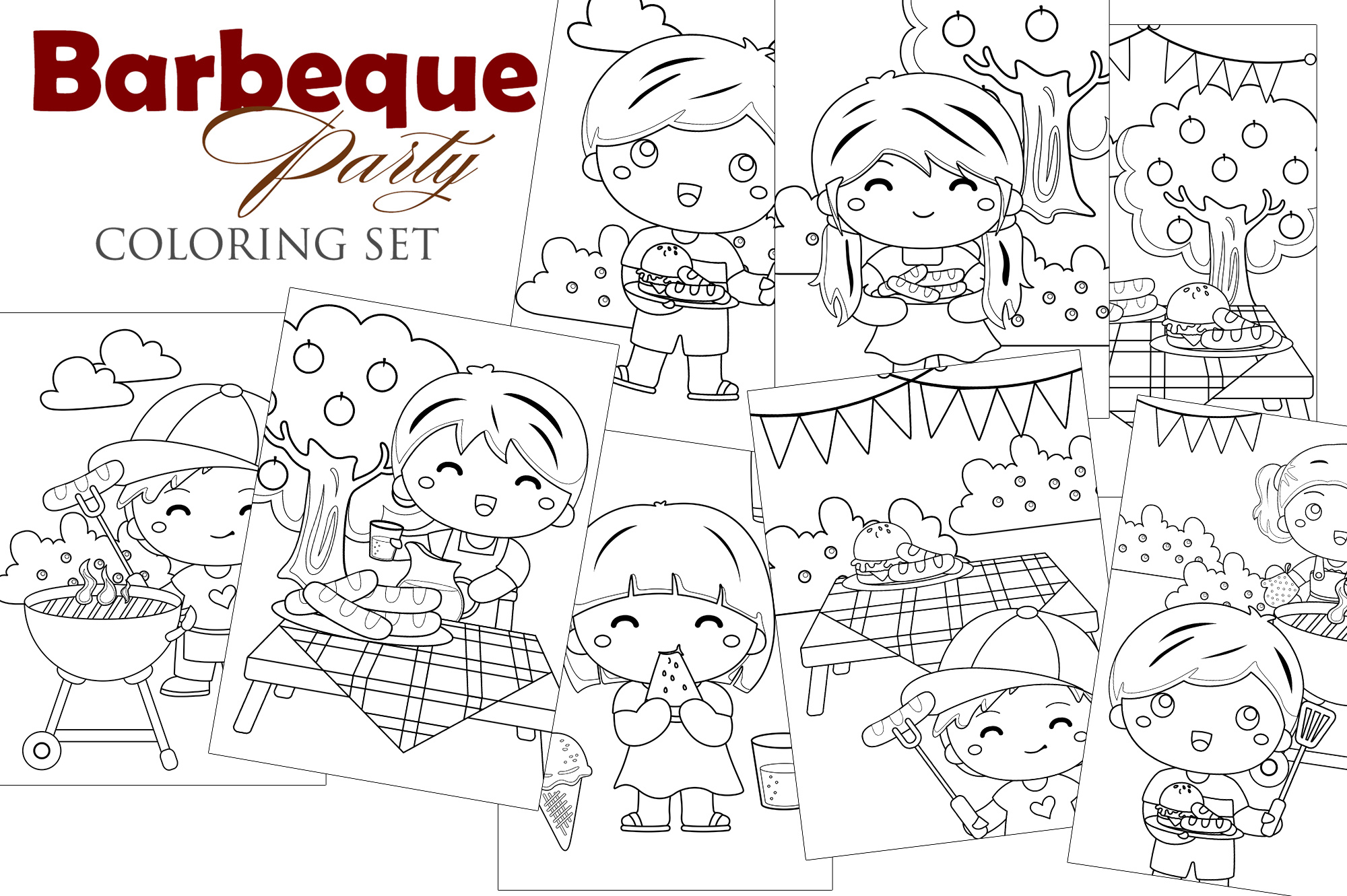 Set of coloring pages for a barbecue party.