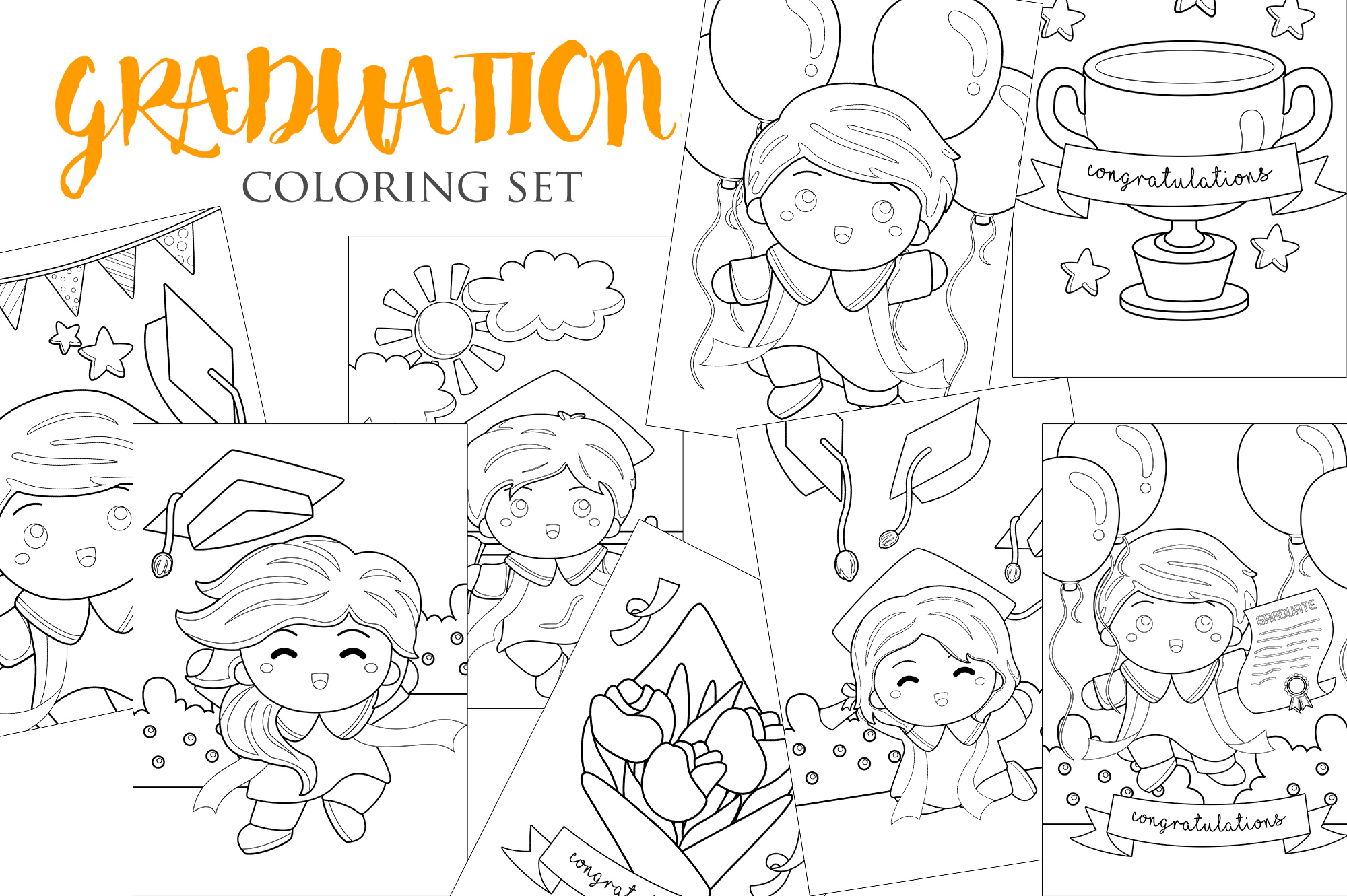 Set of coloring pages for children of different ages.