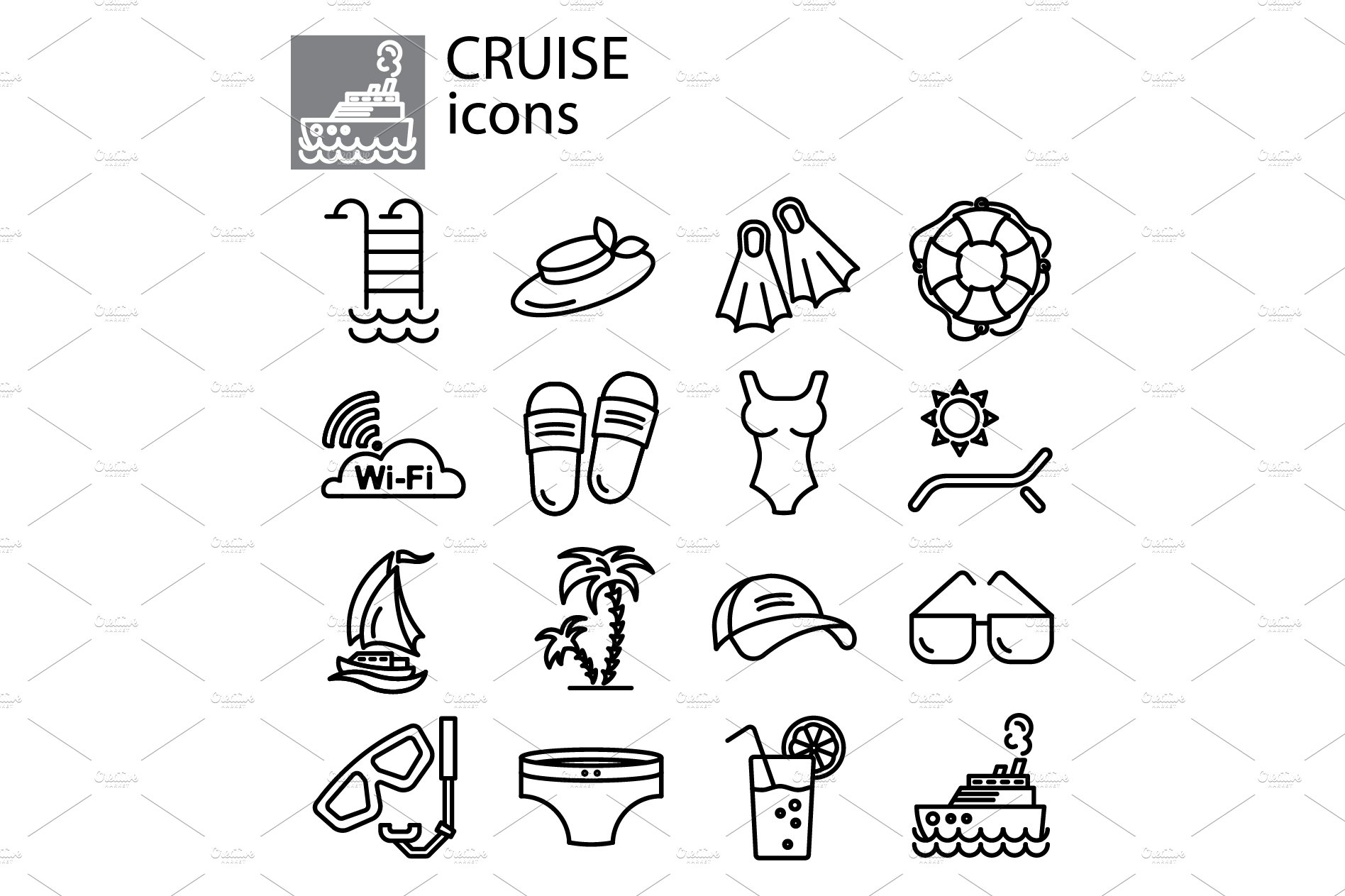 cruise, vacation linear vector icon cover image.