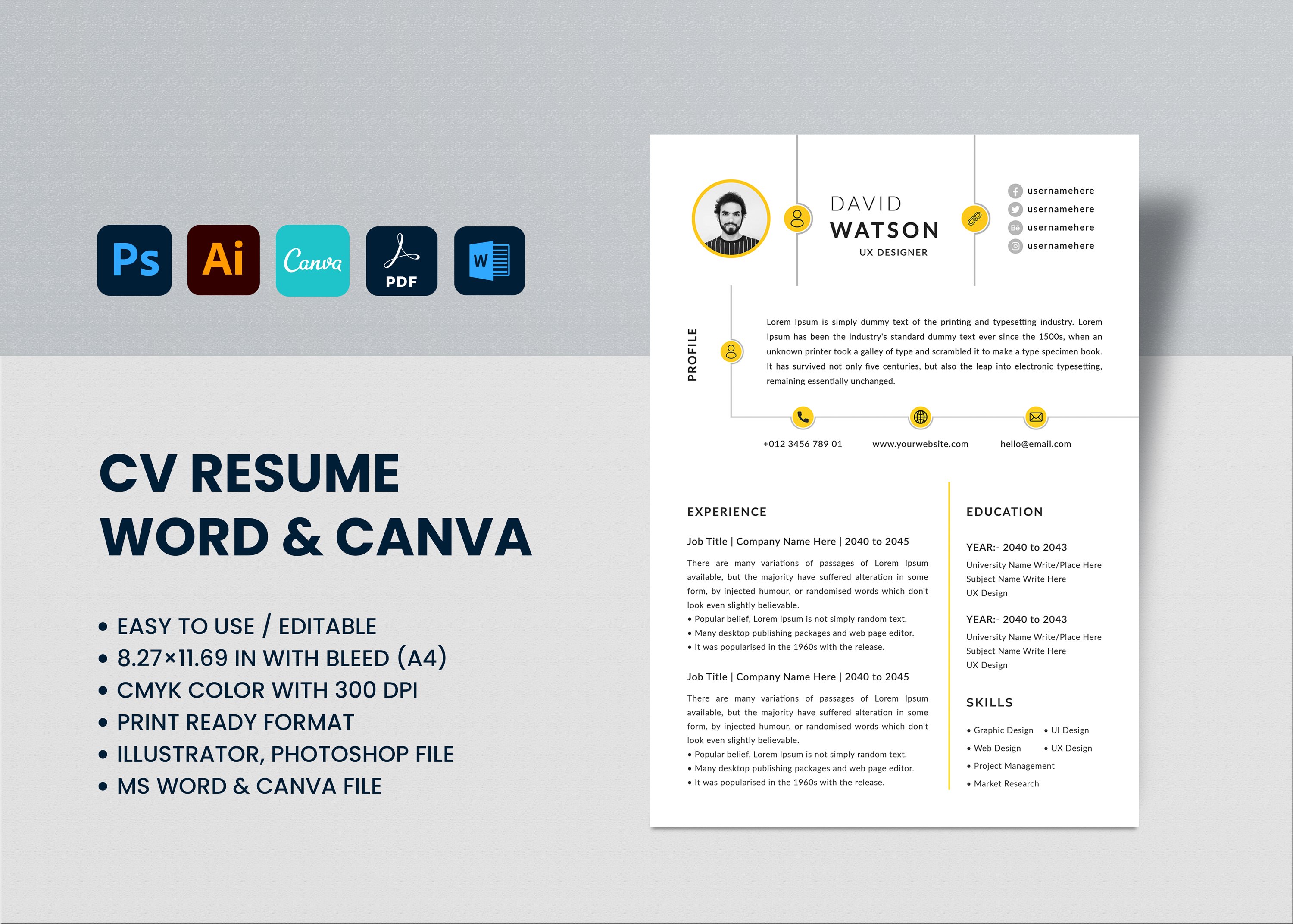 cv resume word and canva template preview image.